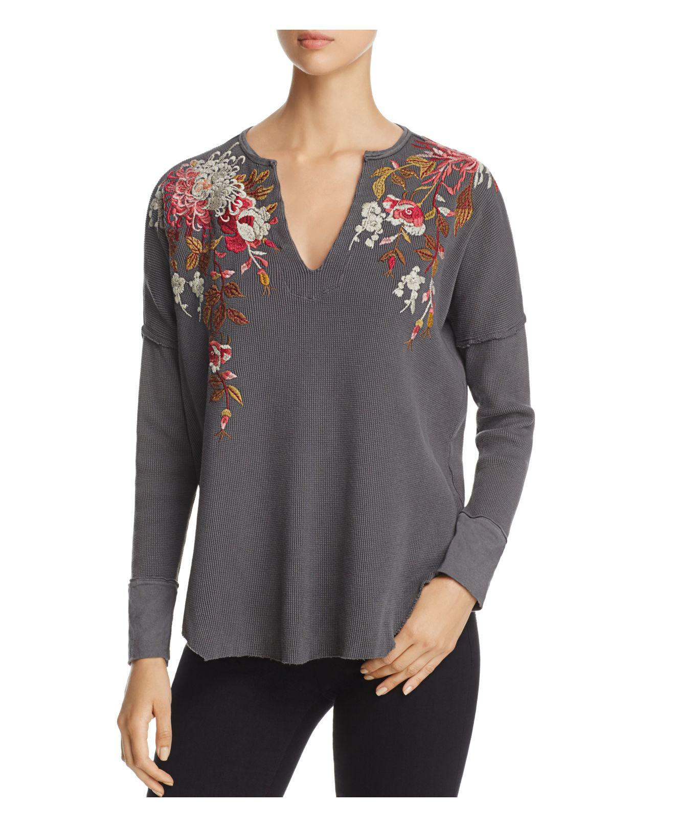 Lyst - Johnny Was Embroidered Thermal Top in Gray