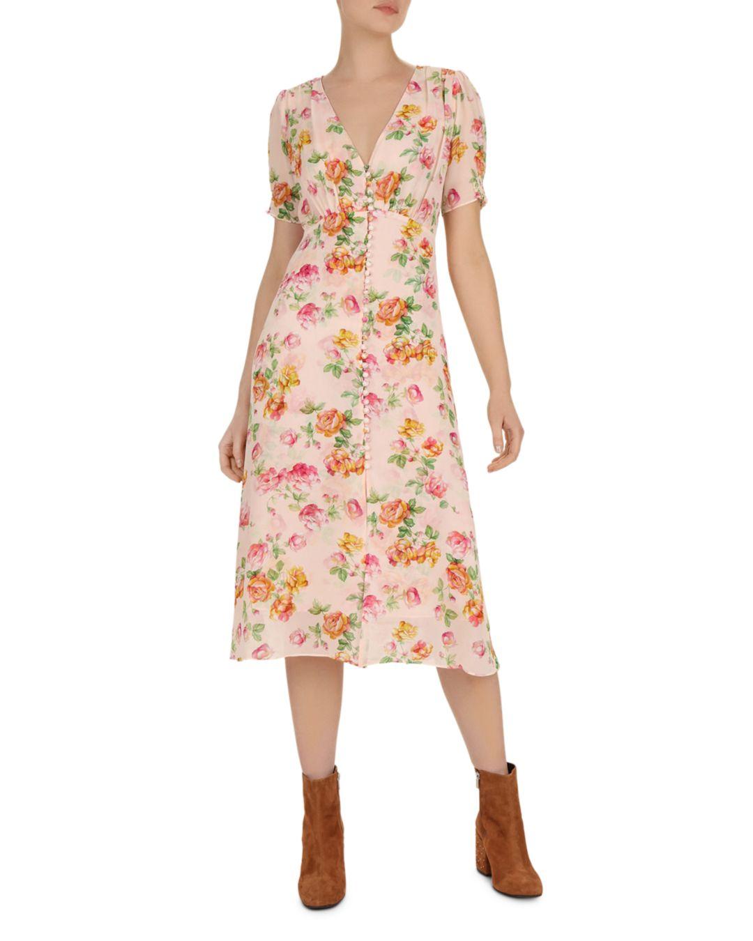 The Kooples Antique Floral - Print Silk Midi Dress in Pink - Lyst