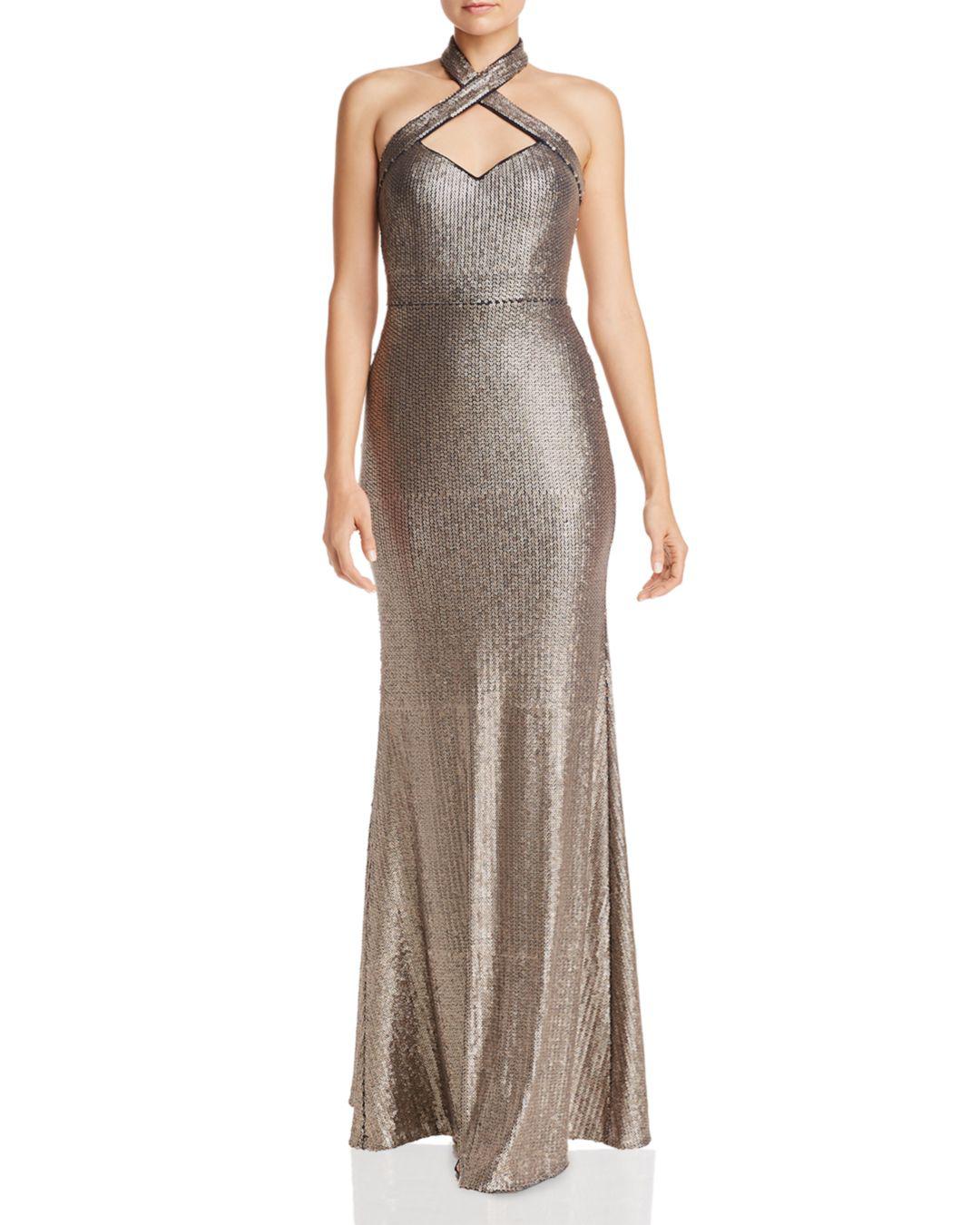 Lyst Aqua Sequined Halter Gown in Metallic