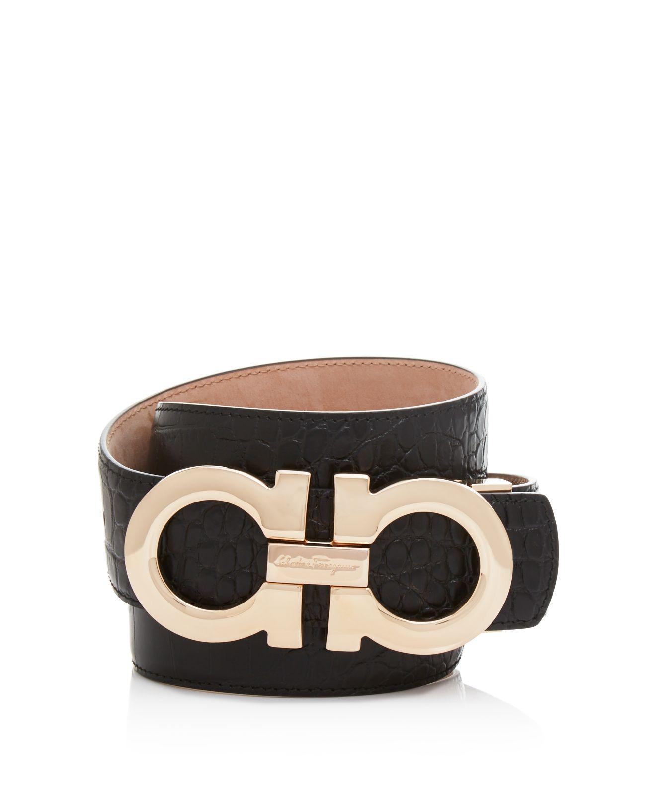 Lyst - Ferragamo Croc-embossed Calfskin Belt With Large Rose Gold Tone Double Gancini Buckle in ...