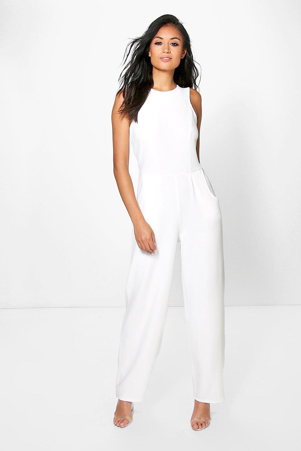 Lyst Boohoo Round Neck Textured Jumpsuit in White