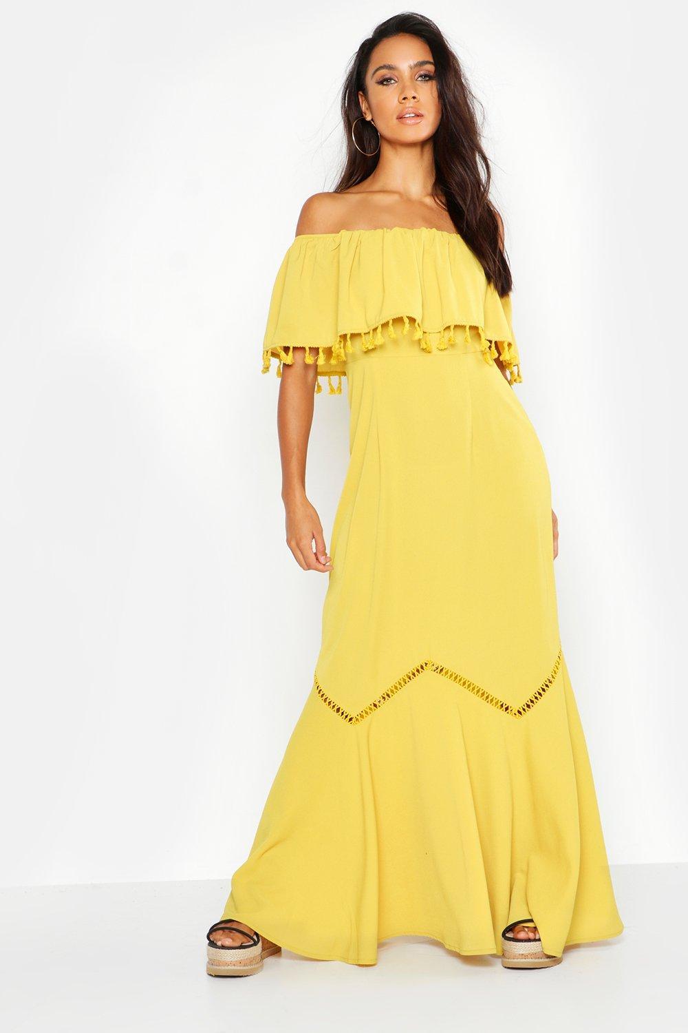 off the shoulder yellow gown