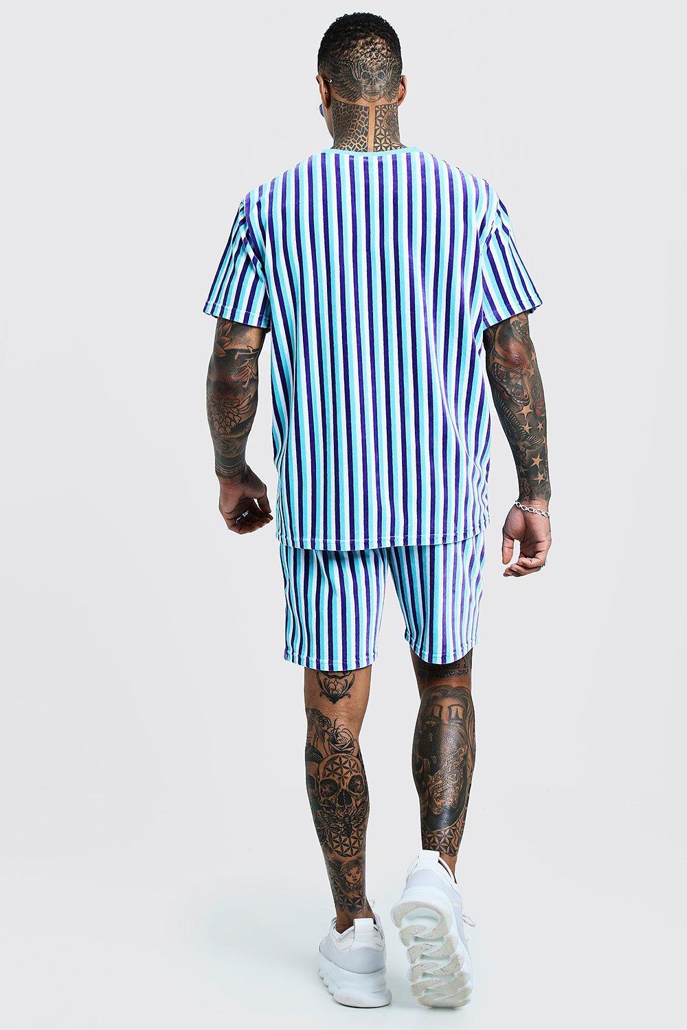 Boohoo Man Signature Velour Stripe Tshirt & Short Set in Blue for Men