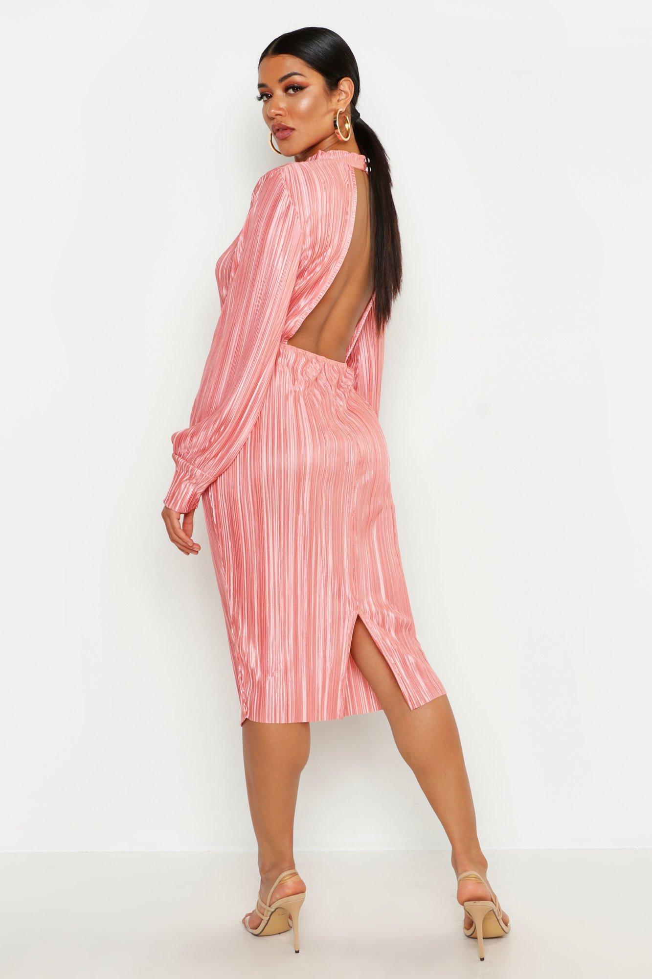 Lyst - Boohoo Plisse Blouson Sleeve Open Back Midi Dress in Pink