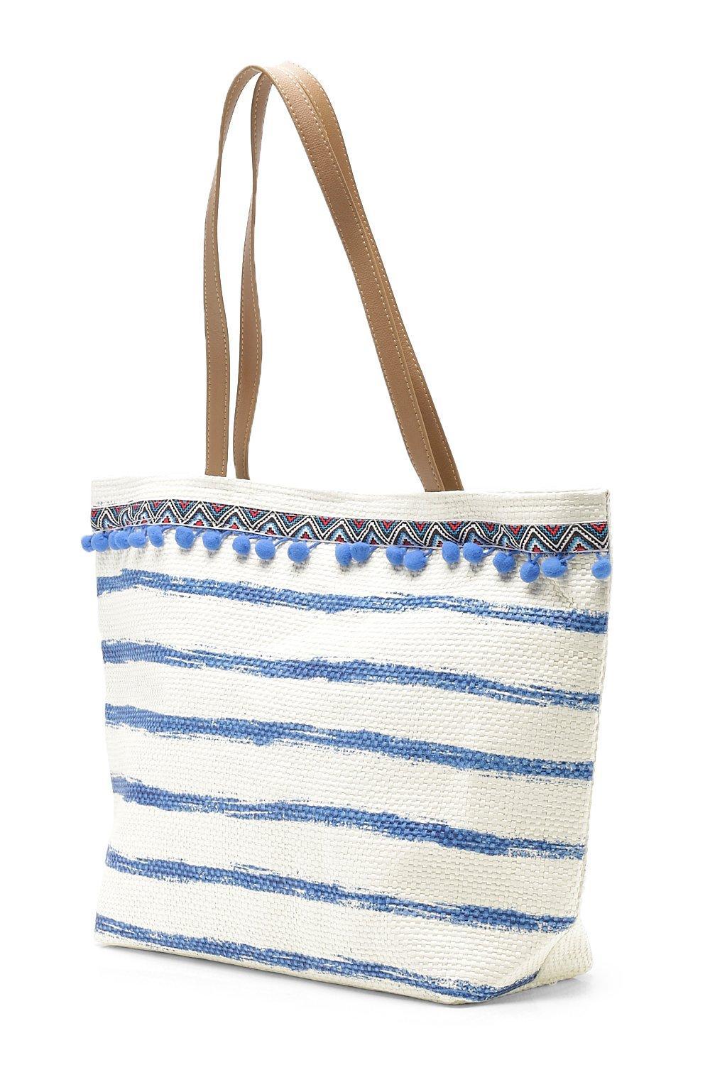 Lyst Boohoo Lily Pom And Stripe Straw Beach Bag In Blue View Fullscreen