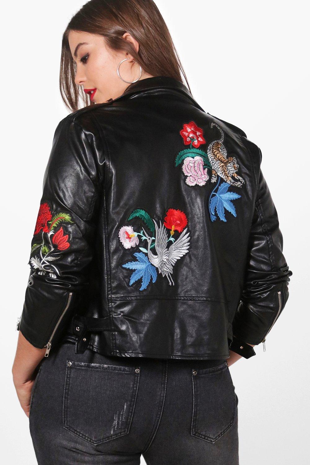 Lyst Boohoo Plus Emily Embroidered Pu Jacket In Black Boohoo Women S Black Plus Emily Embroidered Pu Jacket
