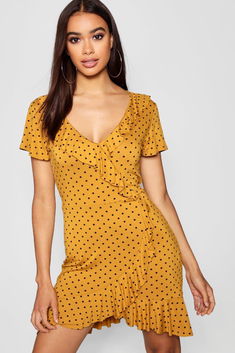 Lyst - Boohoo Polka Dot Wrap Front Ruffle Tea Dress in Yellow