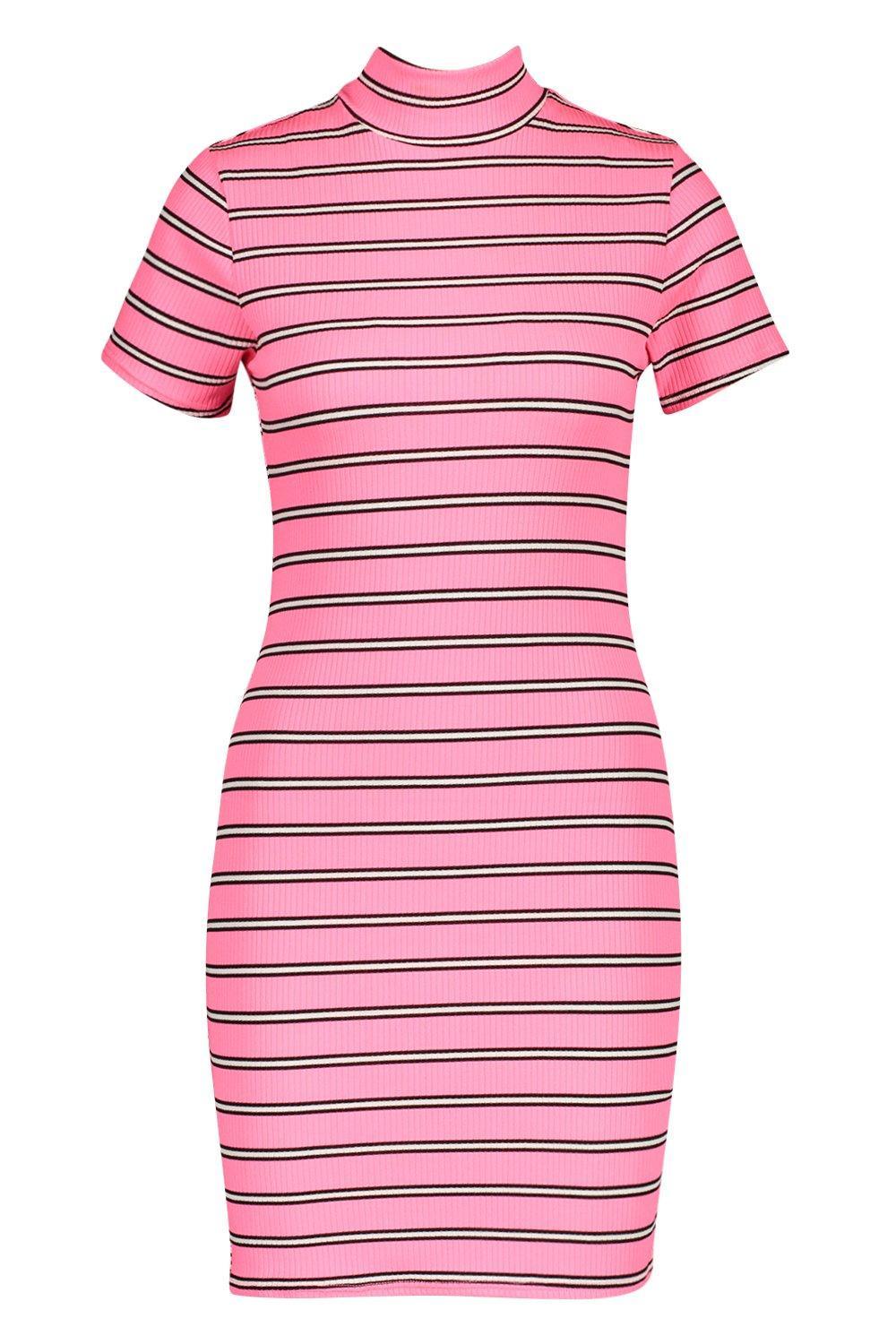 boohoo ribbed bodycon dress with high neck in pink