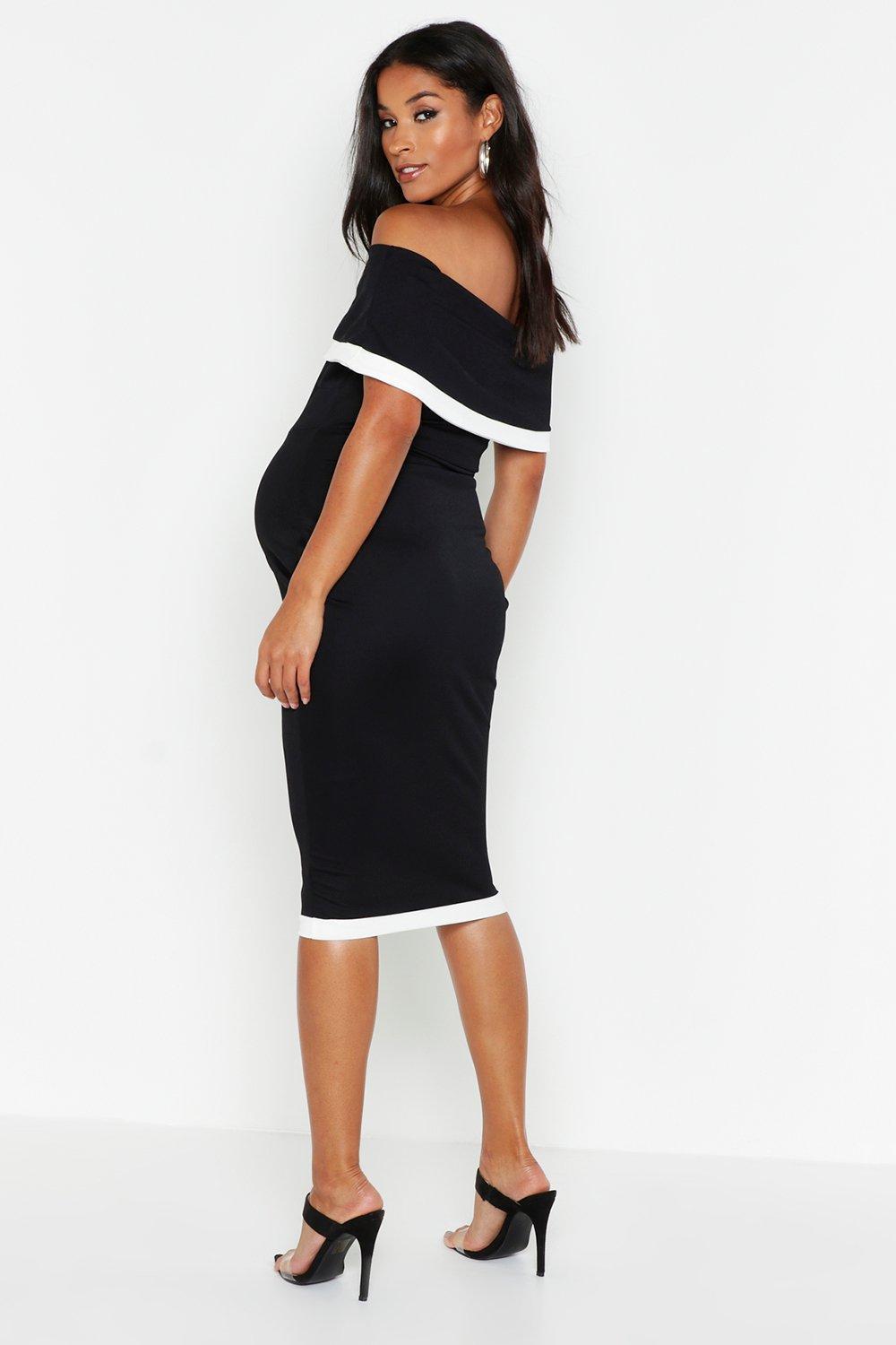 Boohoo Maternity Bardot Contrast Bodycon Dress in Black - Lyst