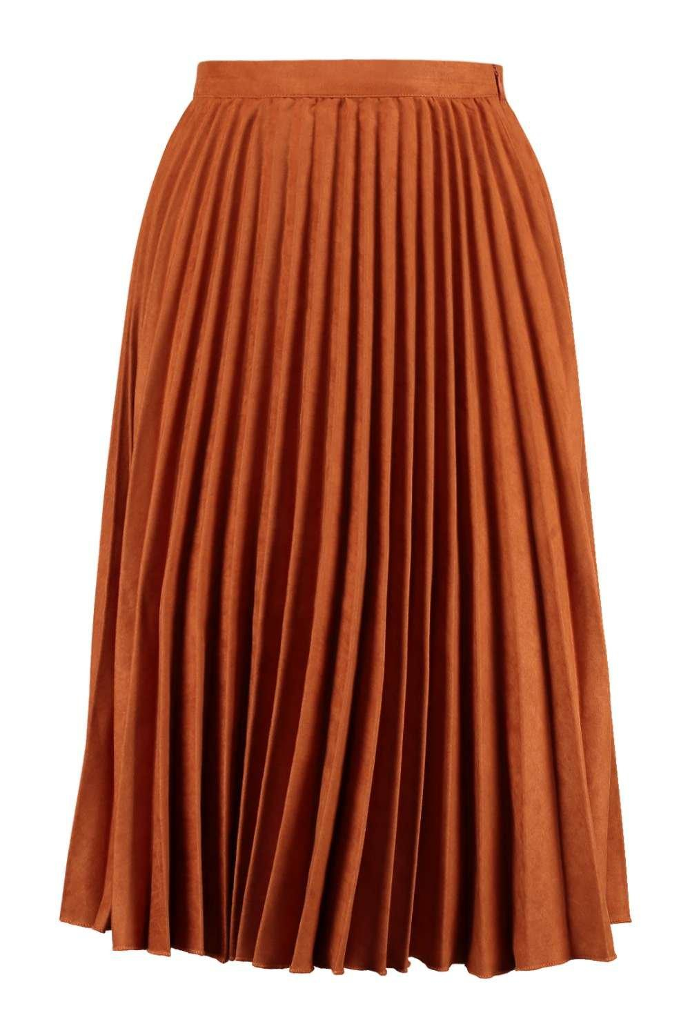 Boohoo Fiona Faux Suede Pleated Midi Skirt in Brown | Lyst