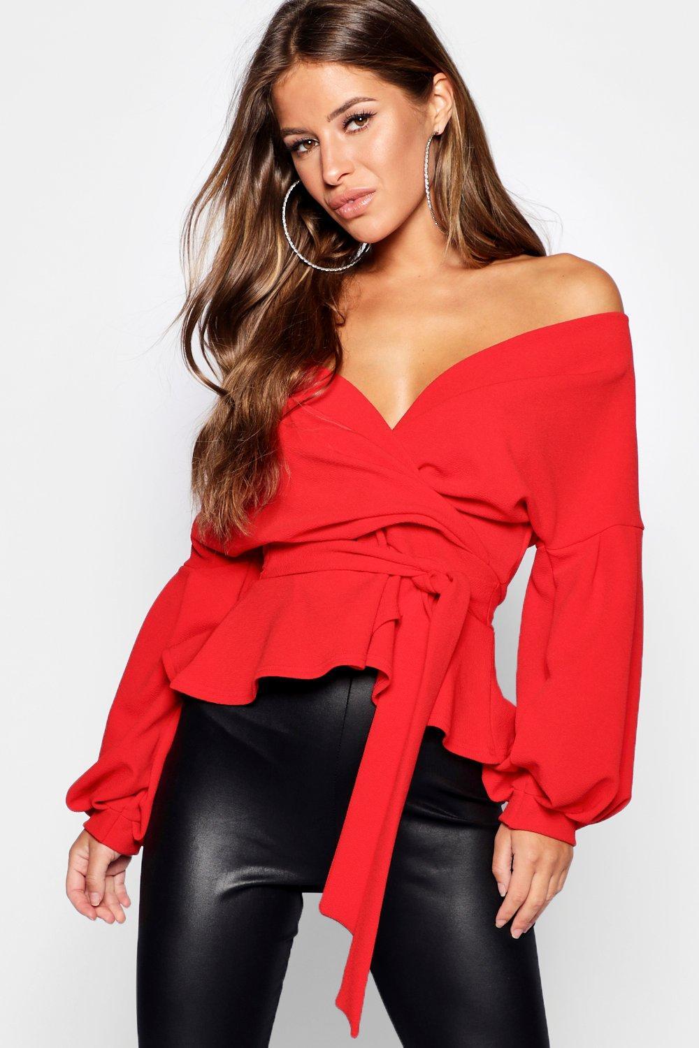 off shoulder red shirt