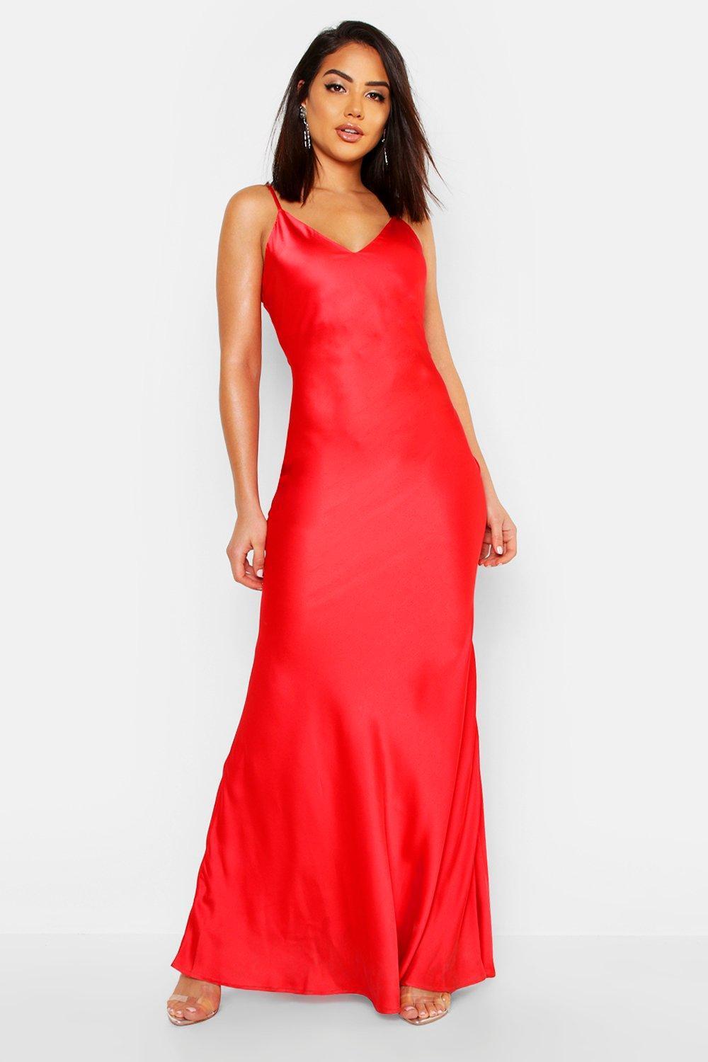 Boohoo Satin Strappy Maxi Dress in Red - Lyst