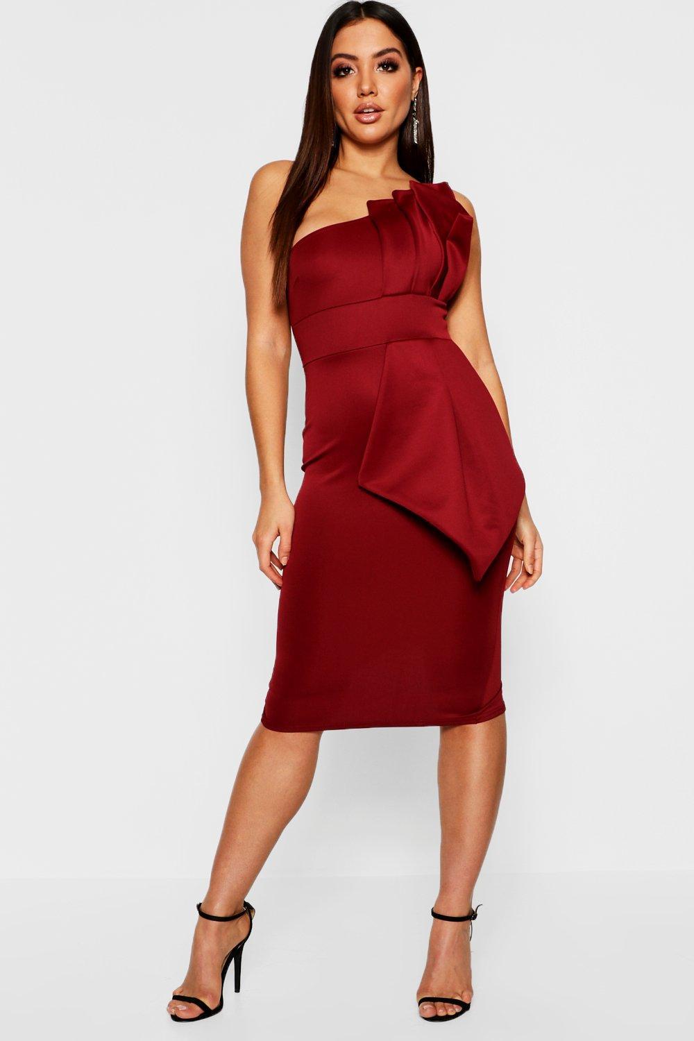 Lyst - Boohoo One Shoulder Pleated Detail Midi Dress in Red