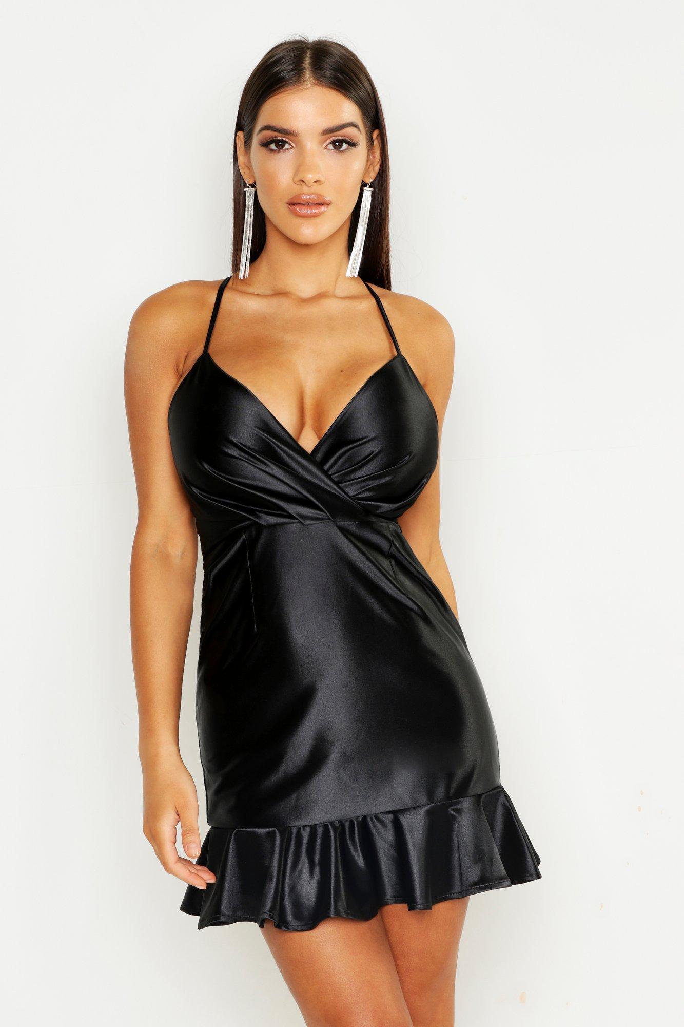 black satin halterneck wrap bodycon dress em