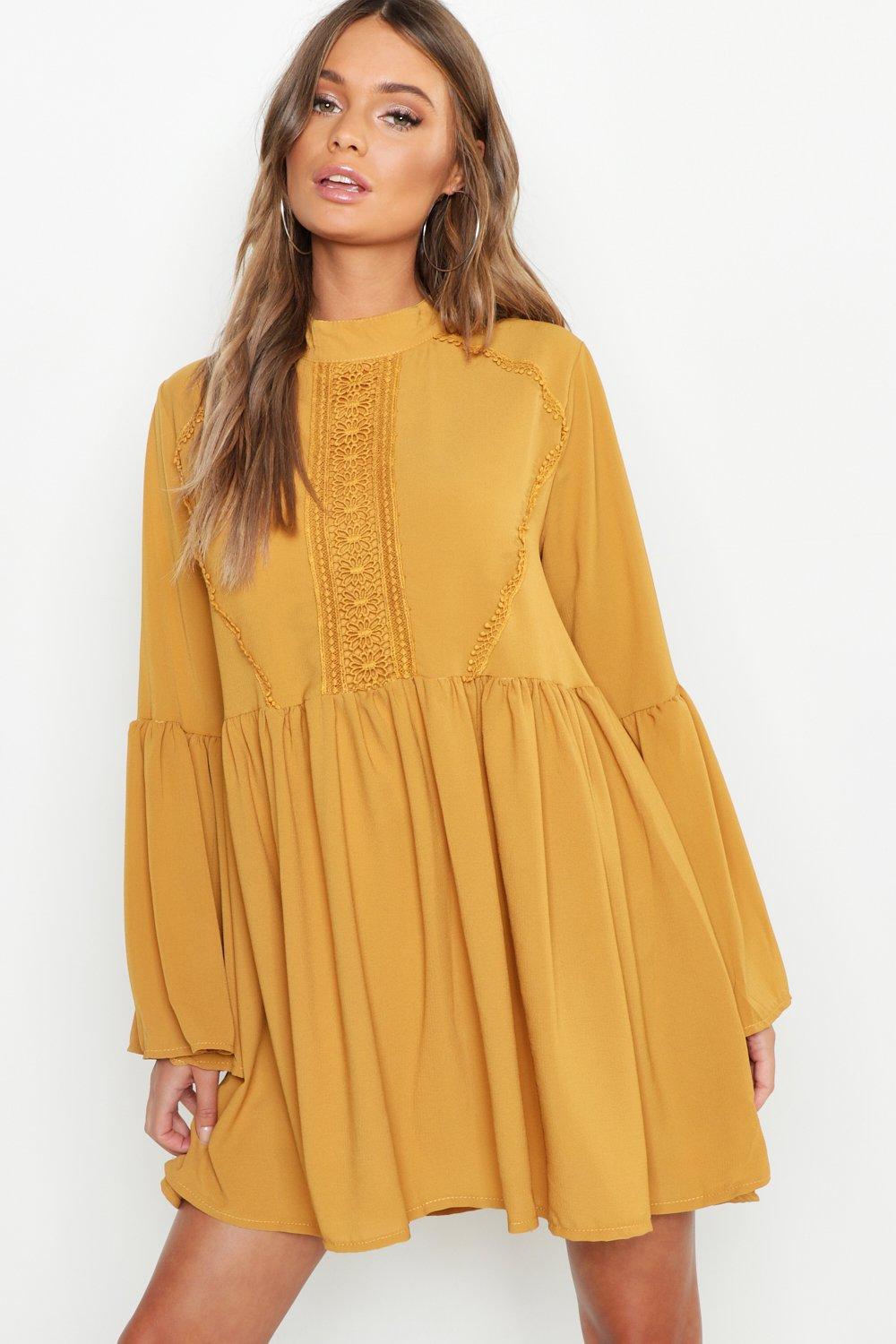 Lyst - Boohoo Boho Crochet Detail Wide Sleeve Smock Dress in Yellow