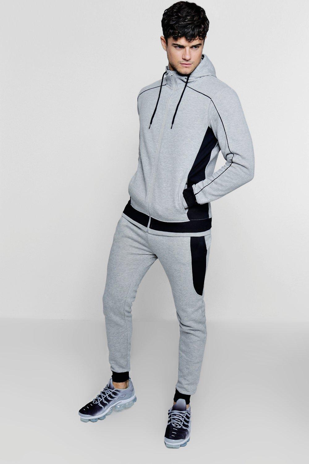 BoohooMAN Side Panel Hooded Tracksuit With Piping in Gray for Men - Lyst
