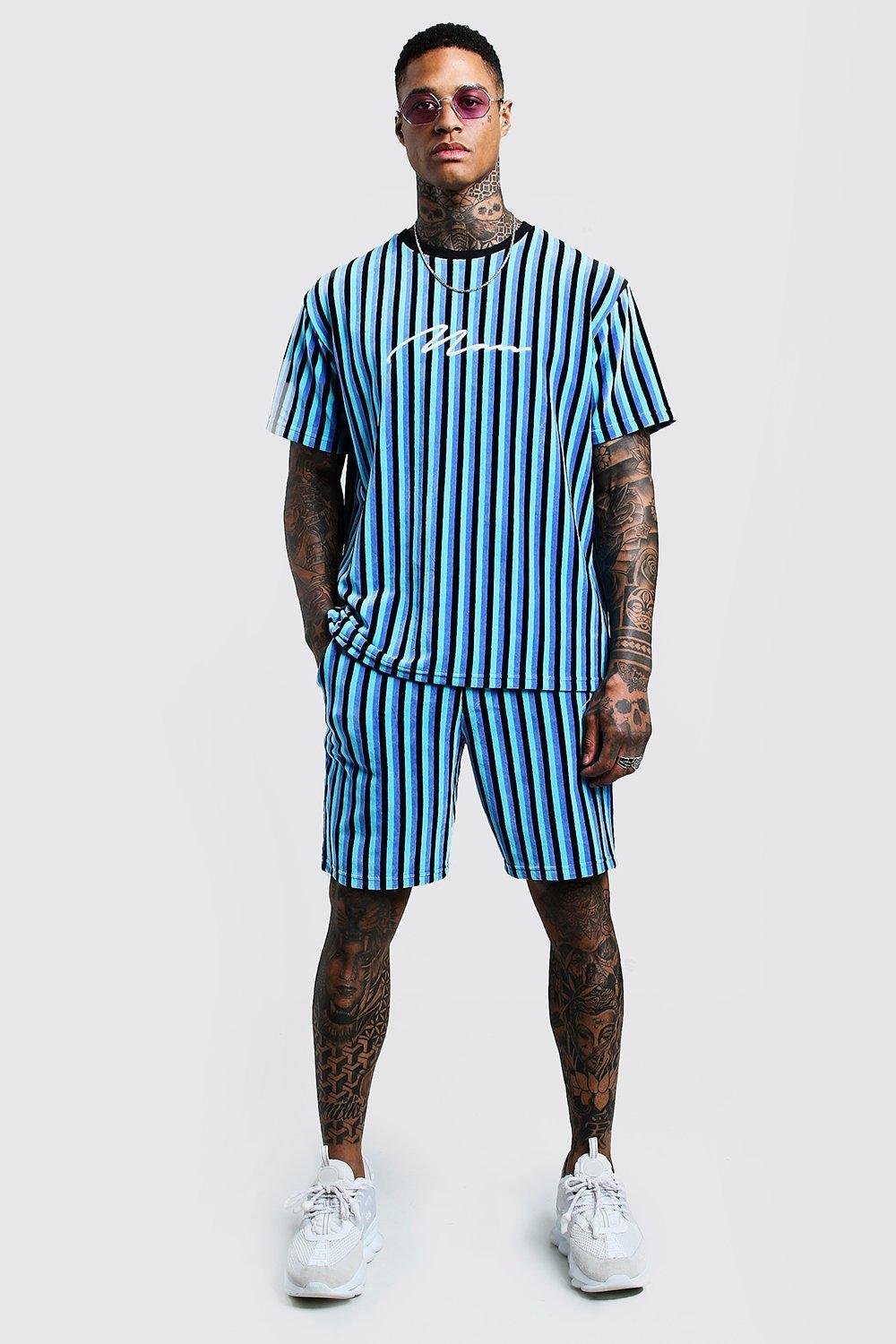 BoohooMAN Man Signature Velour Stripe T-shirt & Short Set in Blue for ...