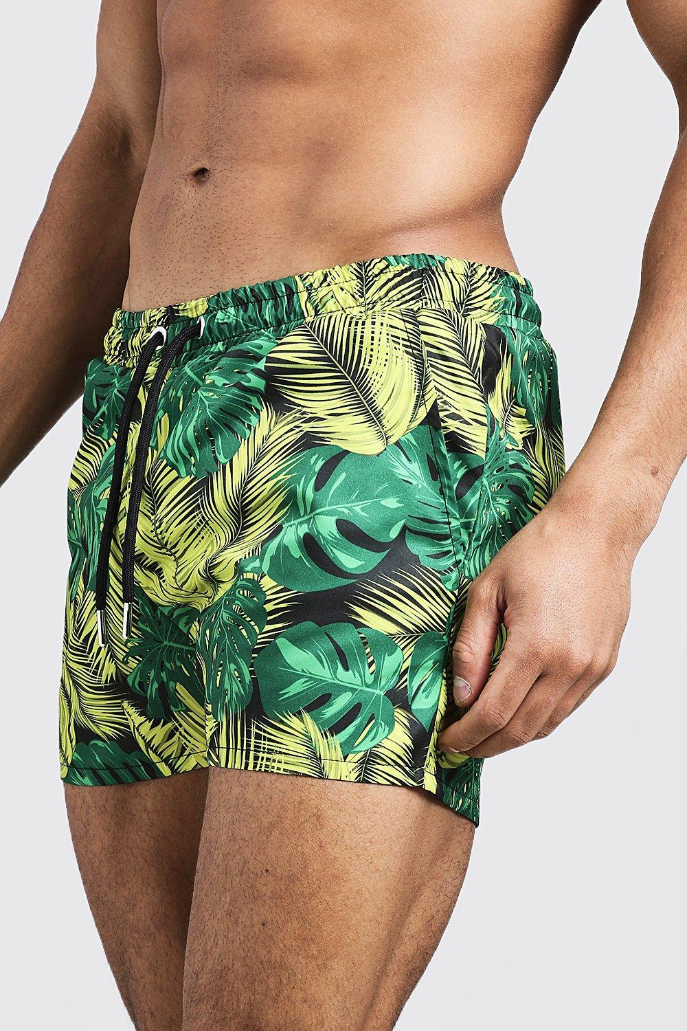 BoohooMAN Palm Print Short Length Swim Shorts in Yellow for Men - Lyst