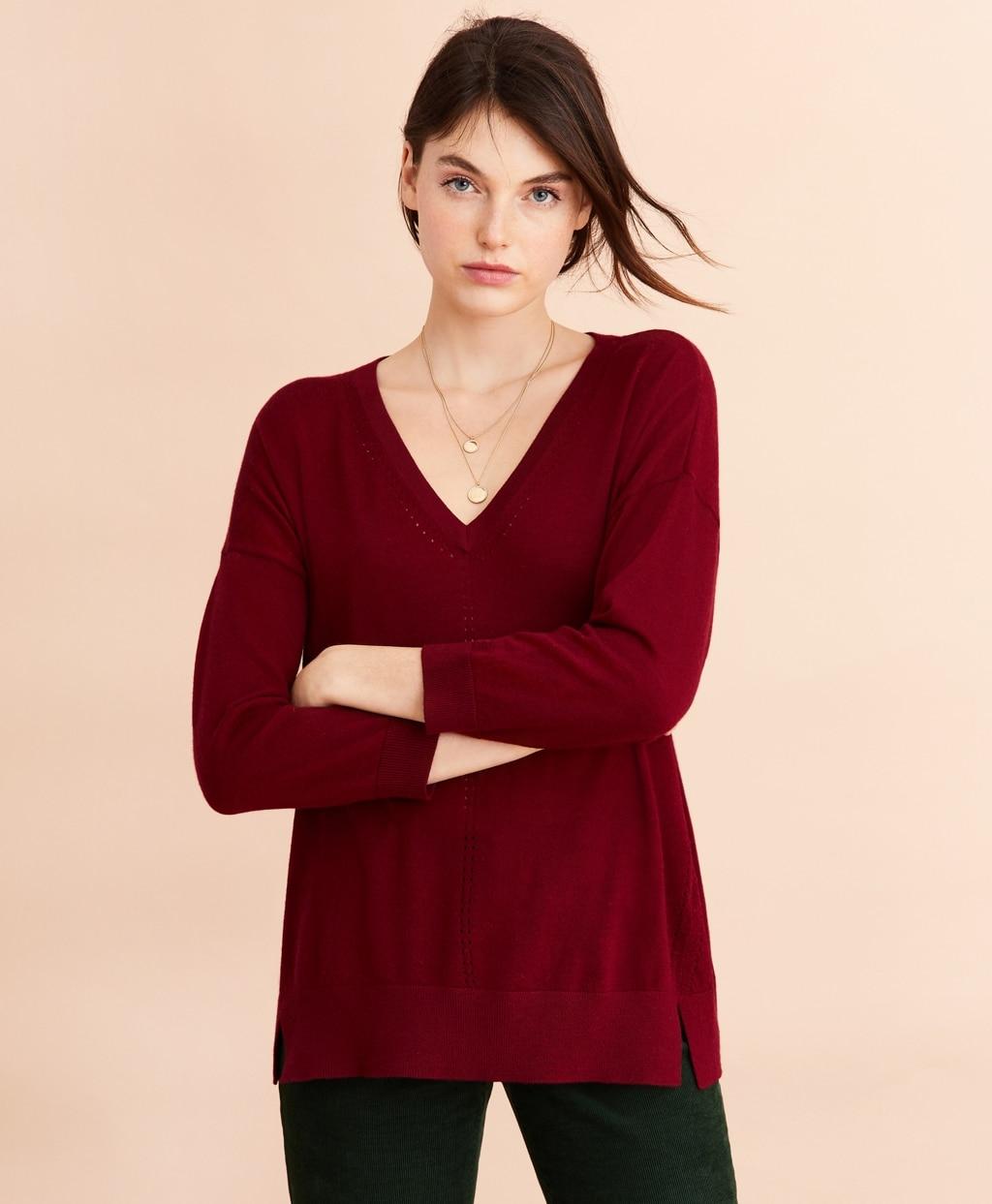 Brooks Brothers Merino Wool Pointelle-detail V-neck Sweater in Dark Red ...