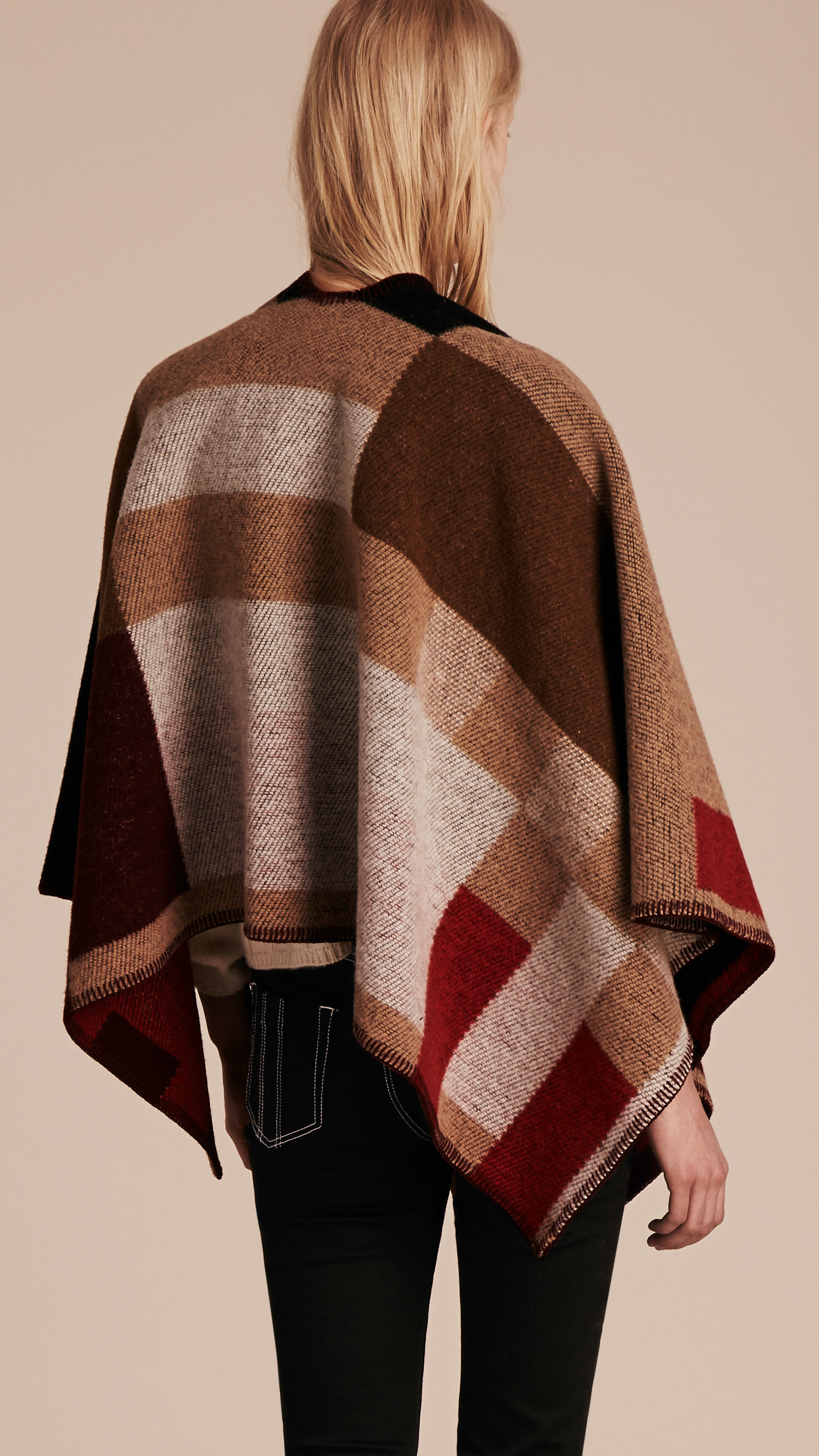 Lyst - Burberry Check Wool Cashmere Poncho Camel