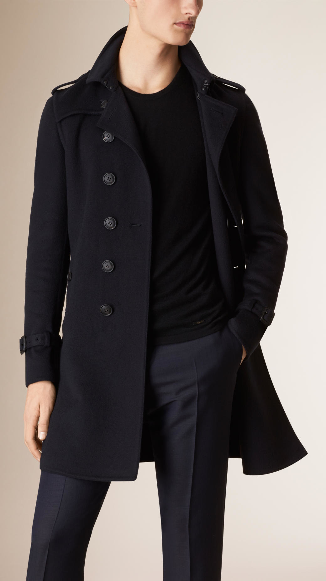 Burberry Leather Trim Cashmere Wool Trench Coat in Blue for Men (NAVY ...