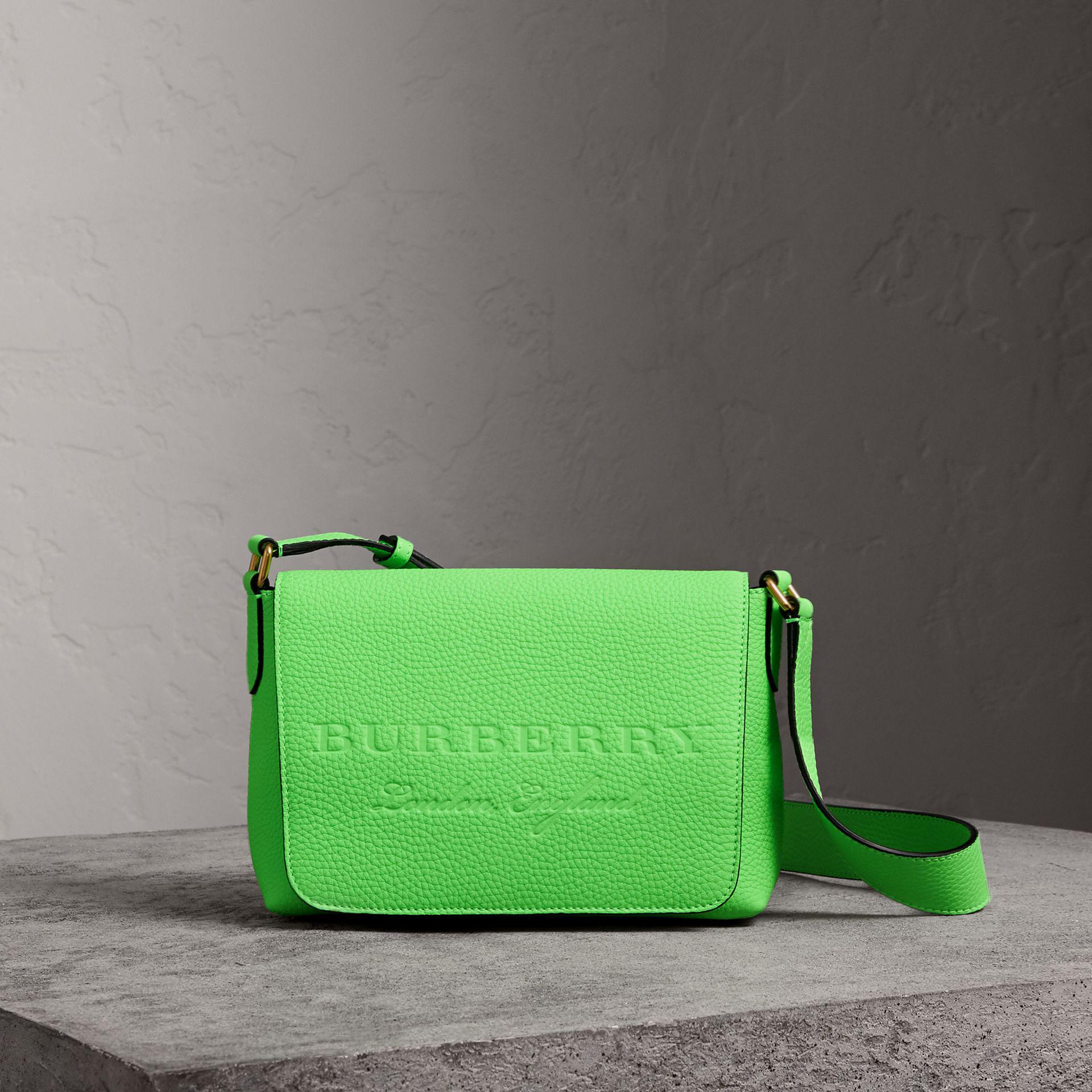 Lyst Burberry Small Embossed Neon Leather Messenger Bag In Green Gallery