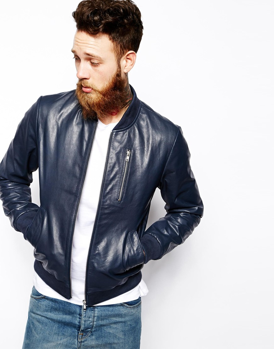 navy blue leather bomber jacket mens