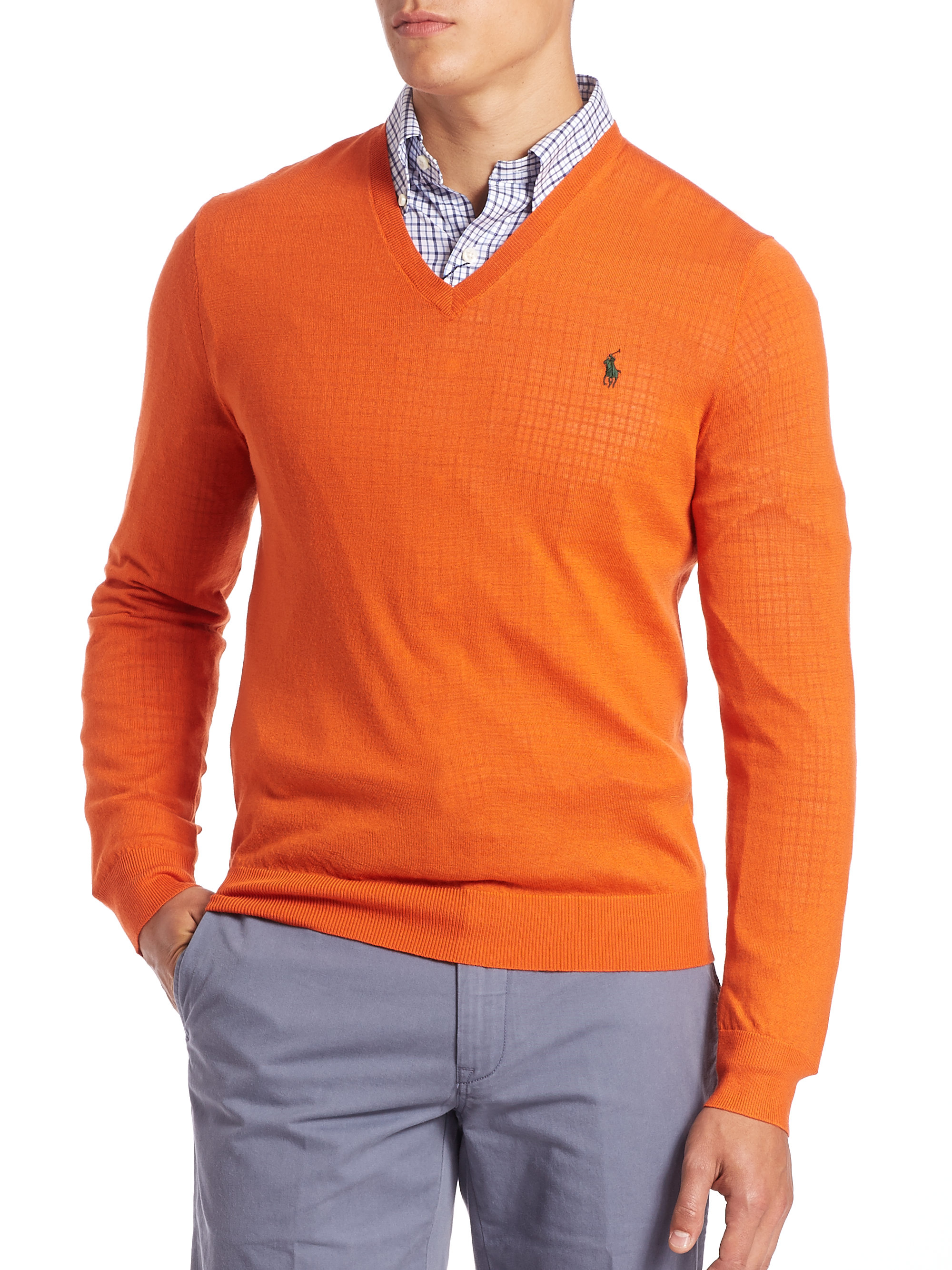 Polo ralph lauren Slim-fit Merino V-neck Sweater in Orange for Men | Lyst