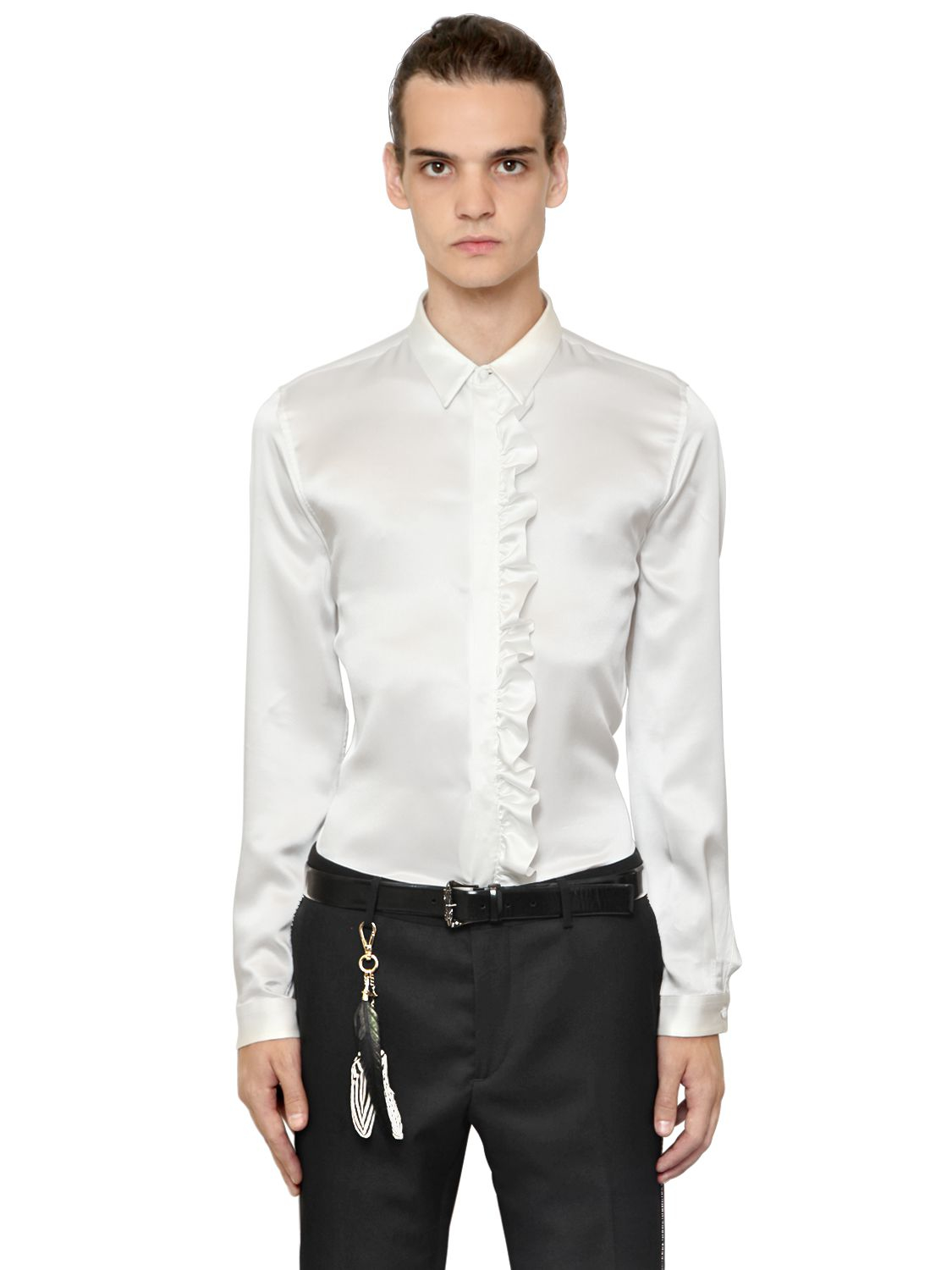 Lyst - Roberto Cavalli Ruffled Trim Silk Satin Shirt in White for Men