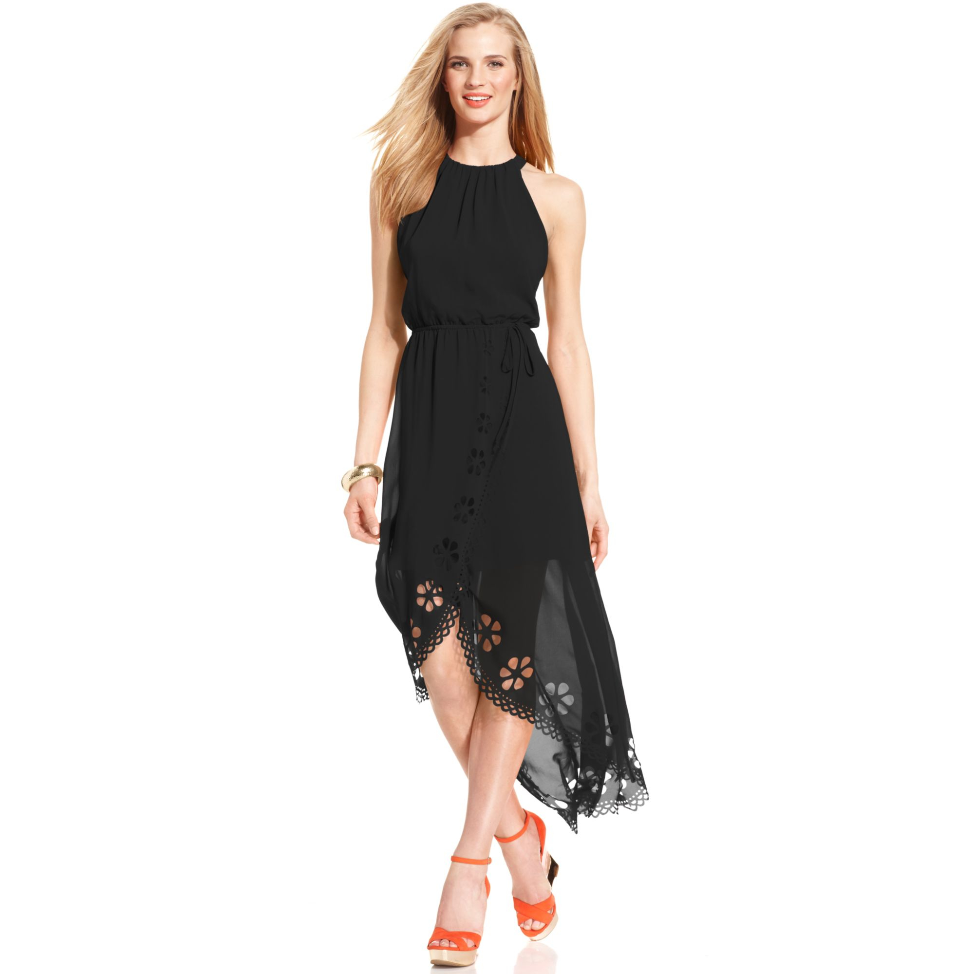 Lyst Jessica Simpson Lasercut Highlow Halter Dress In Black