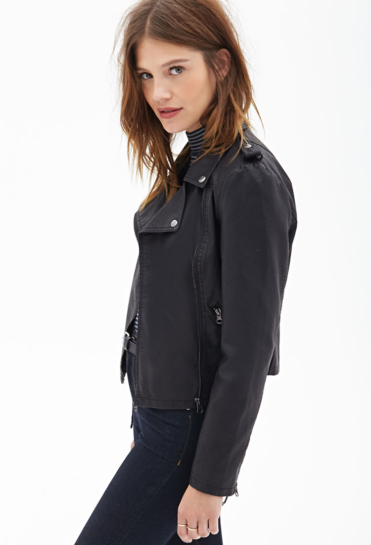 Lyst Forever 21 Belted Faux Leather Moto Jacket You Ve Been Added Gallery Women S Pink Kimonos Er Jackets