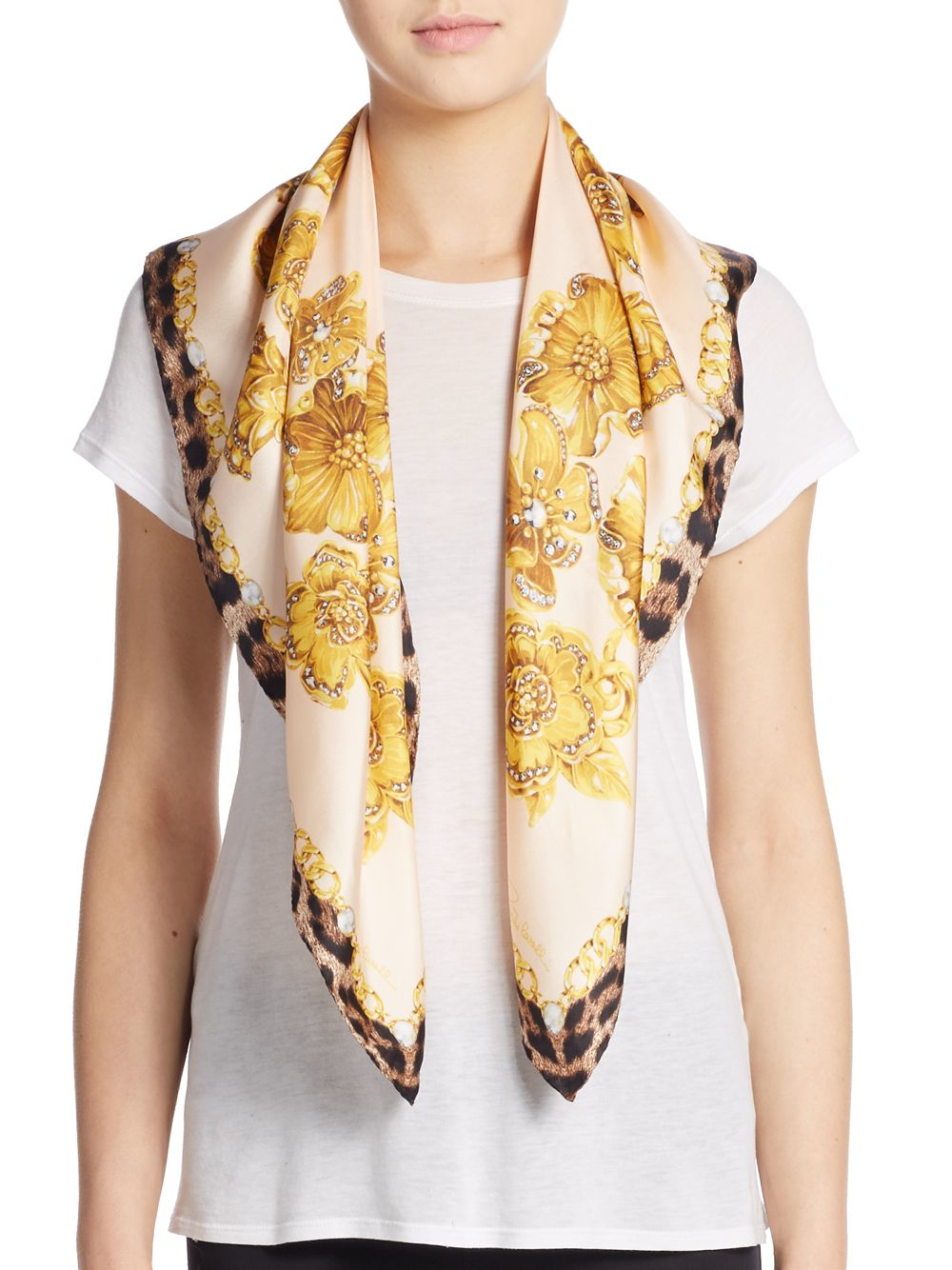 Lyst Roberto Cavalli Silk Fl Leopard Print Scarf In Yellow Gallery