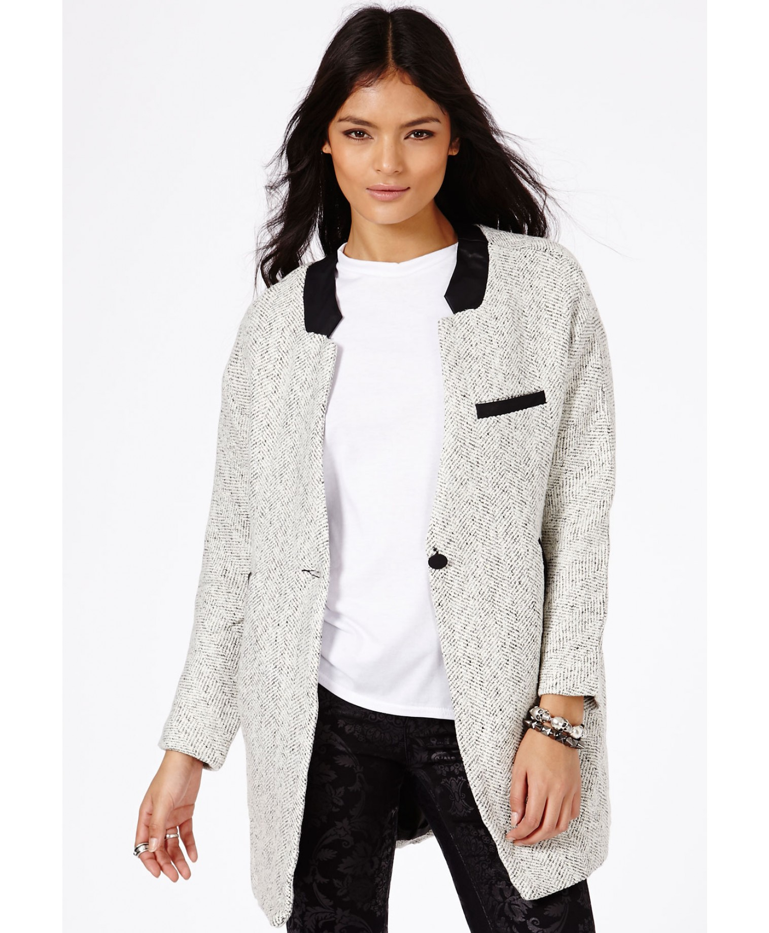 Missguided Petera Tweed Boyfriend Coat With Faux Leather Trim In Gallery