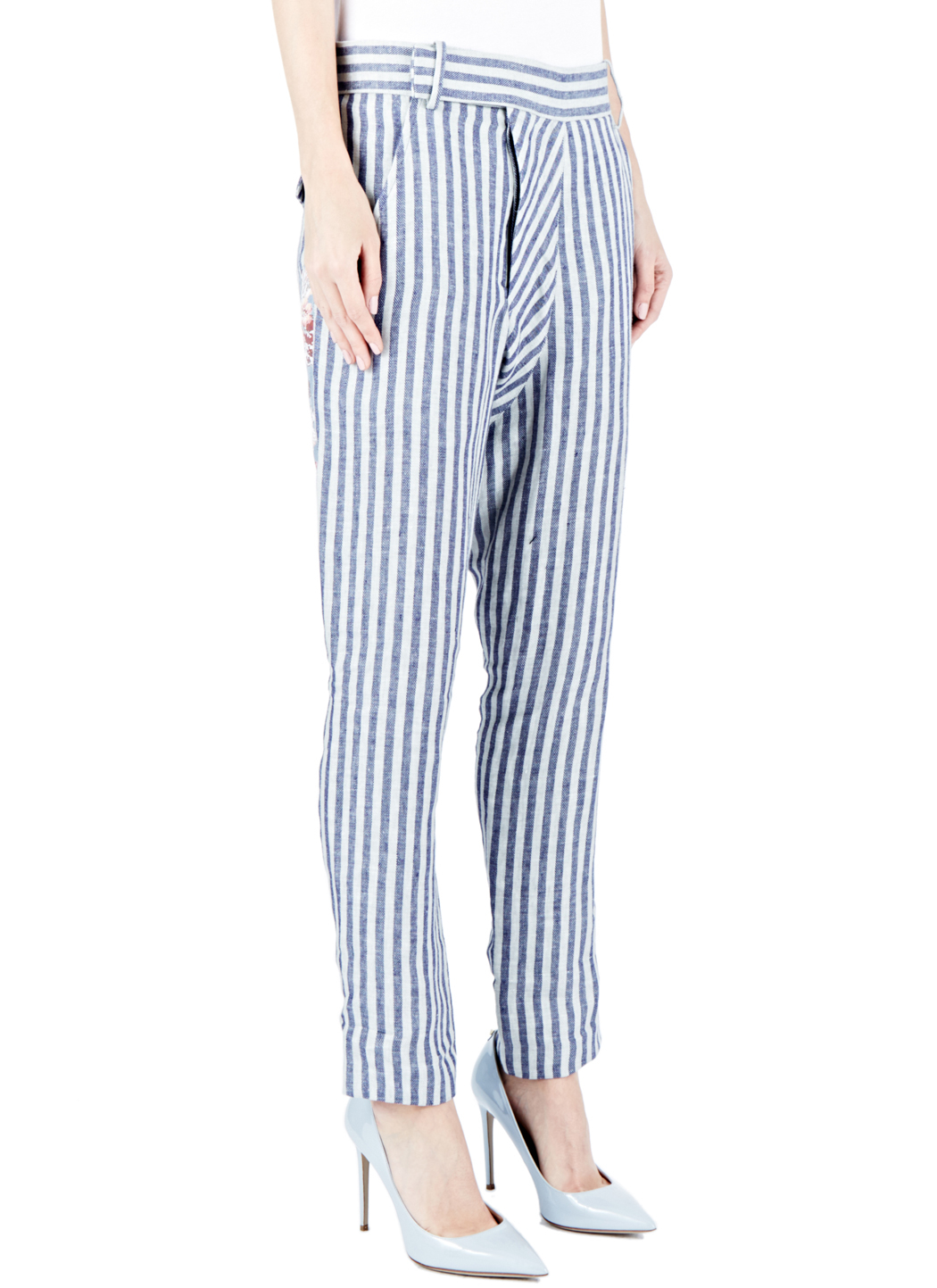 Slim Leg Belt Striped Pants