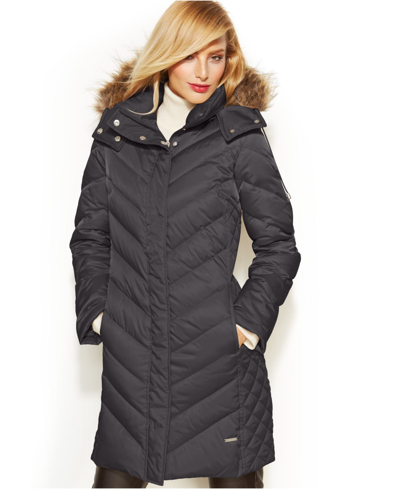 Kenneth cole reaction Petite Hooded Faux-Fur-Trim Down Puffer Coat