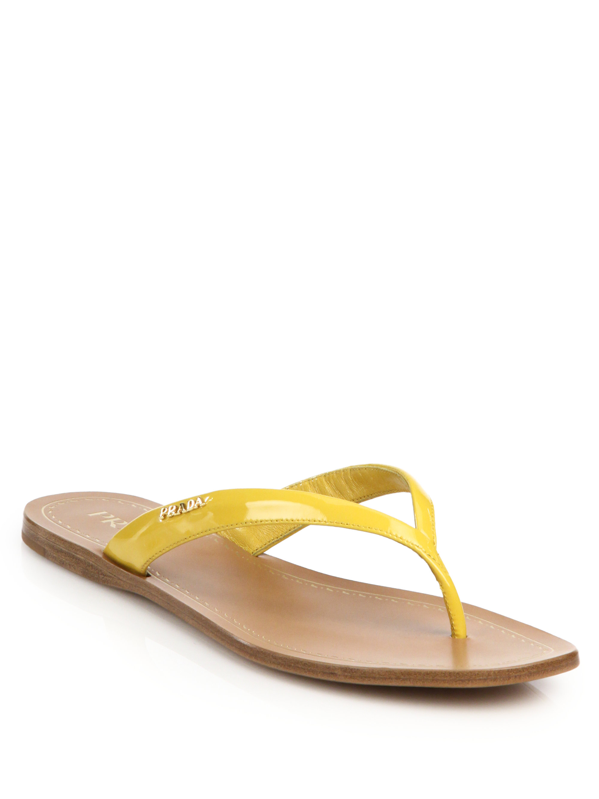 Prada Patent Leather Thong Sandals in Yellow