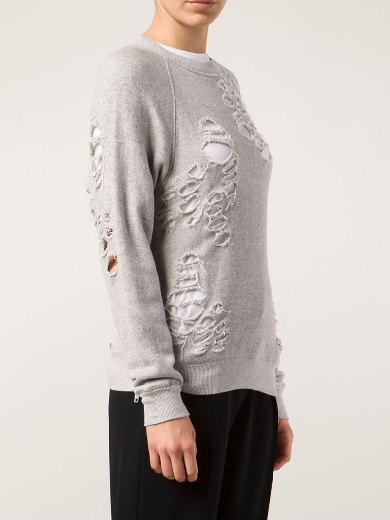 R13 Distressed Cotton Sweatshirt in Gray | Lyst