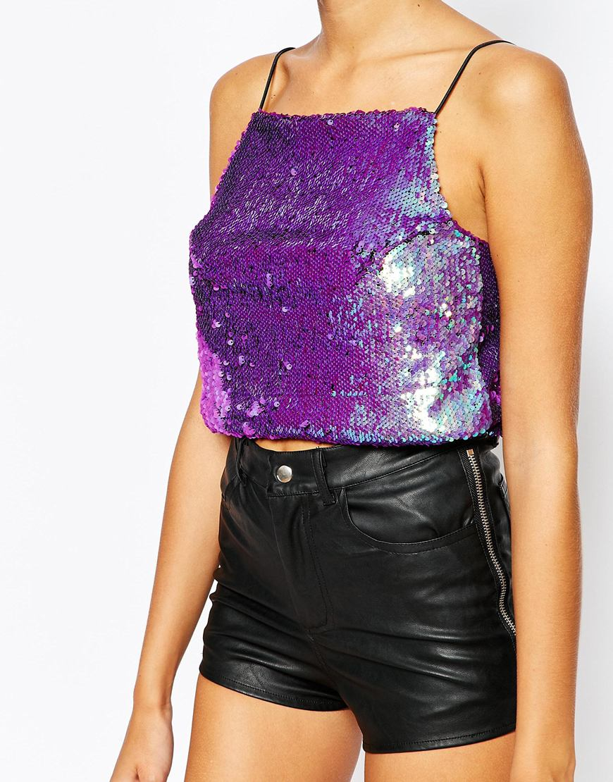 Lyst - The Ragged Priest 90s Strappy Crop Top In All Over Sequin in Purple