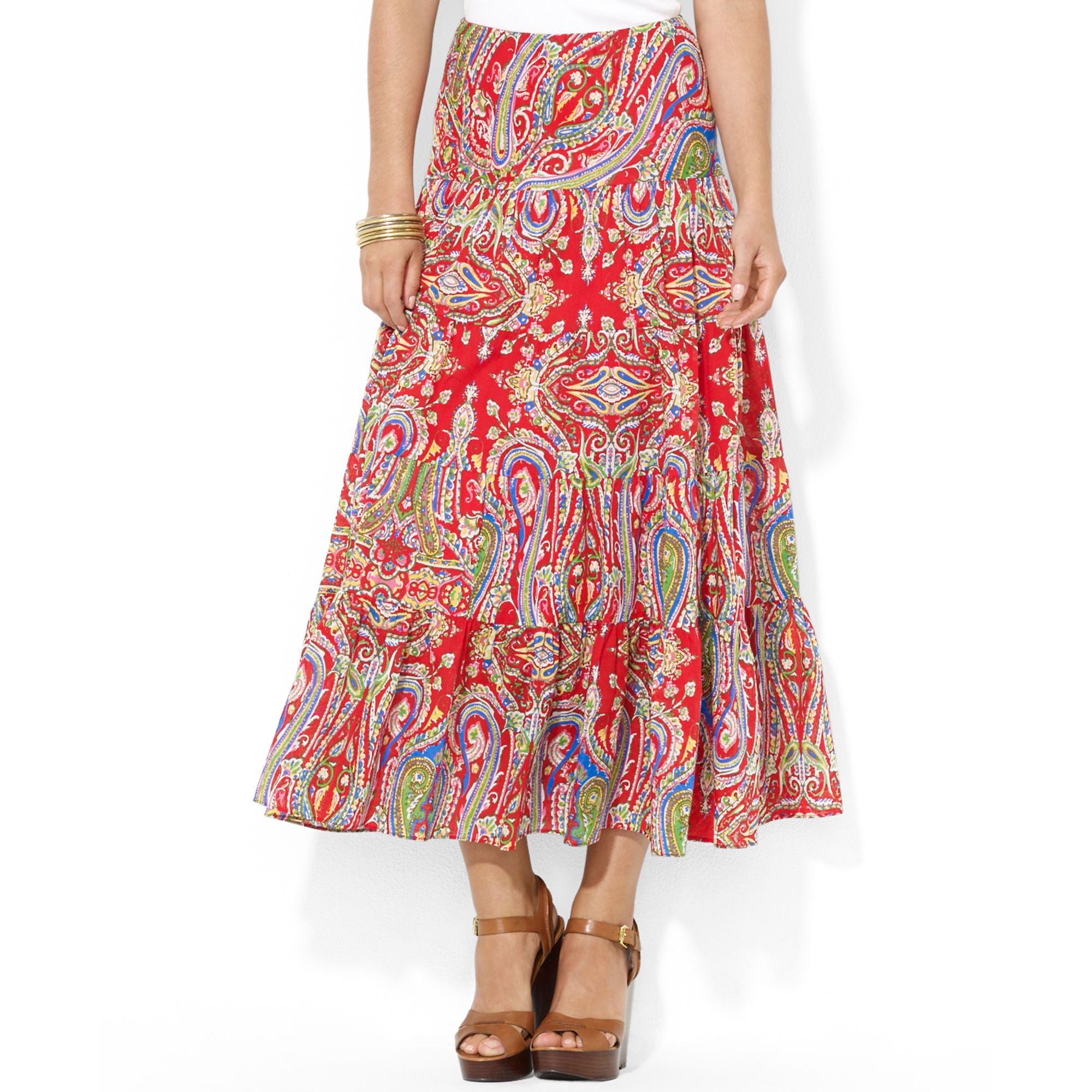 Lauren by ralph lauren Plus Paisley Tiered Cotton Skirt in Red Lyst