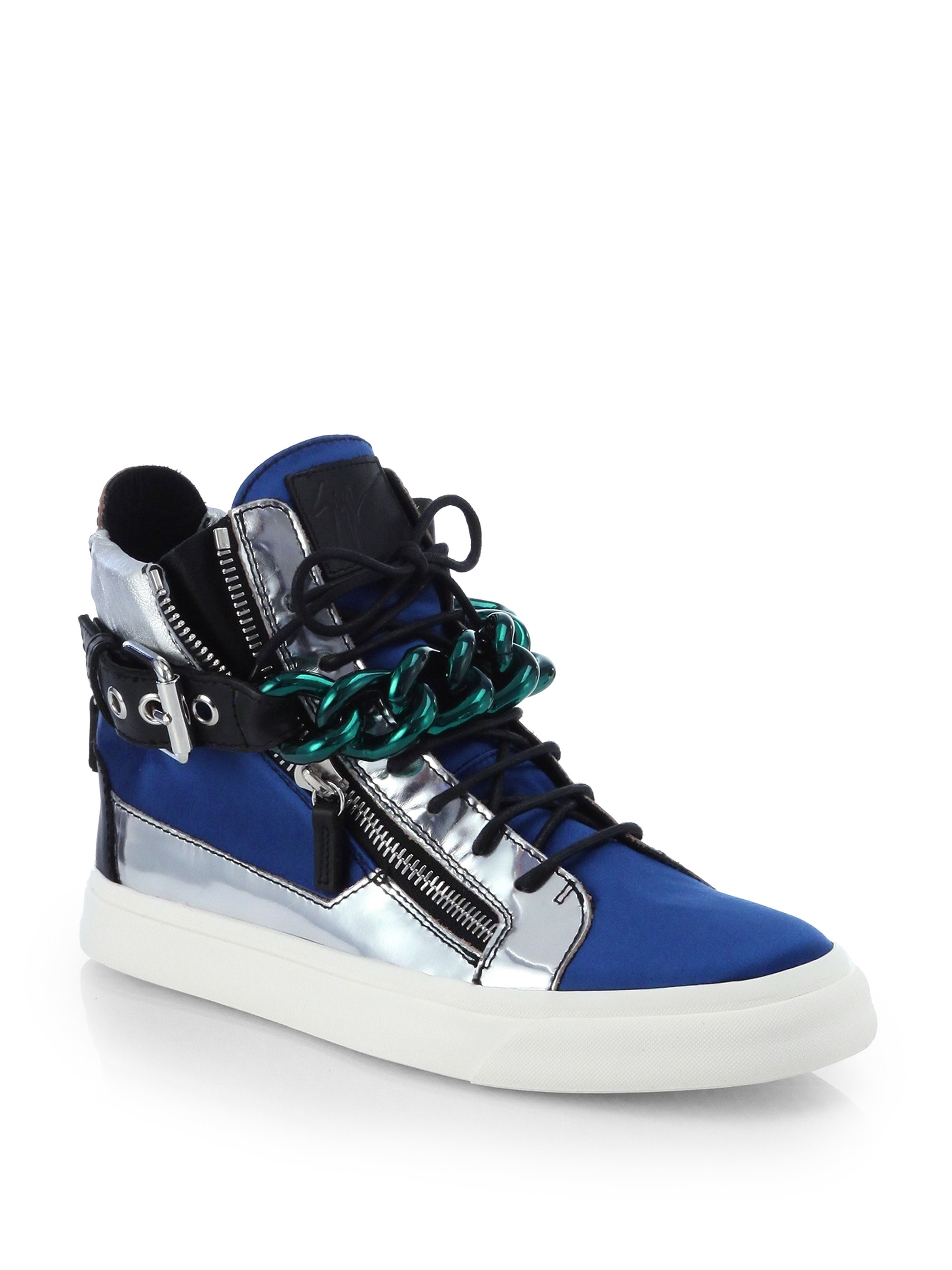 Giuseppe zanotti Metallic Leather Satin Chain Hightop Sneakers in Blue ...