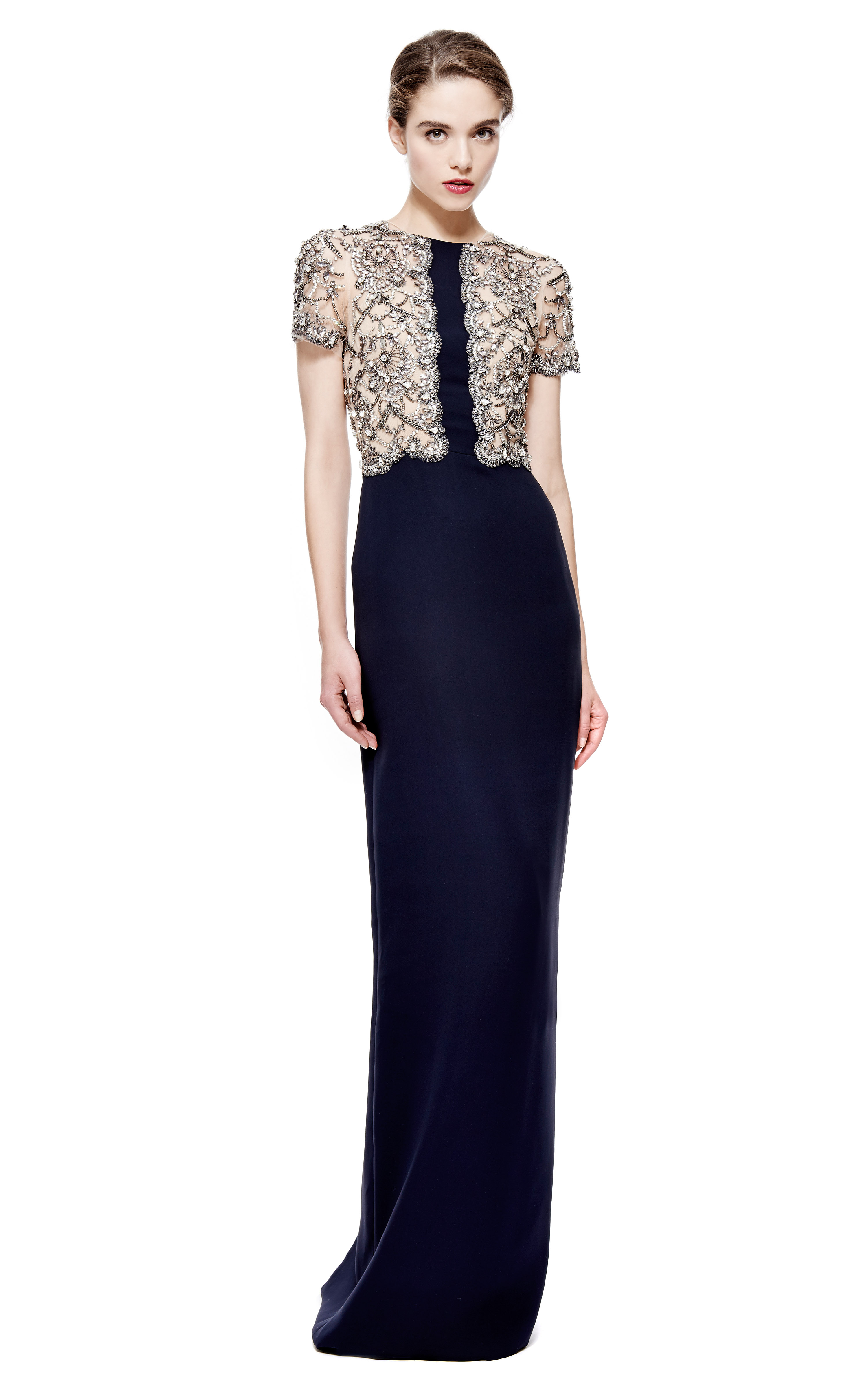 Lyst - Reem Acra Embroidered Illusion Bodice Crepe Column Gown in Blue
