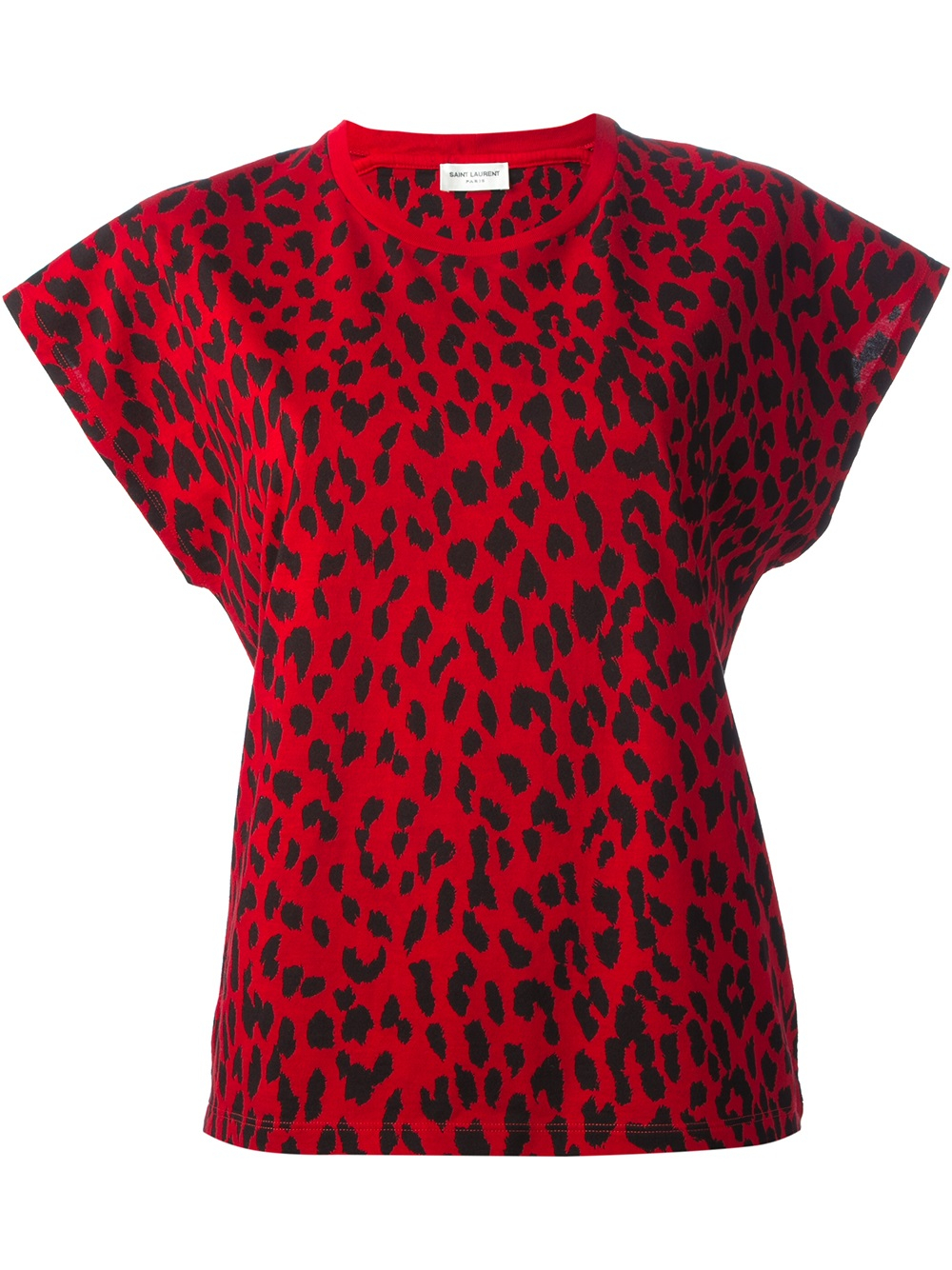 red shirt with leopard sleeves