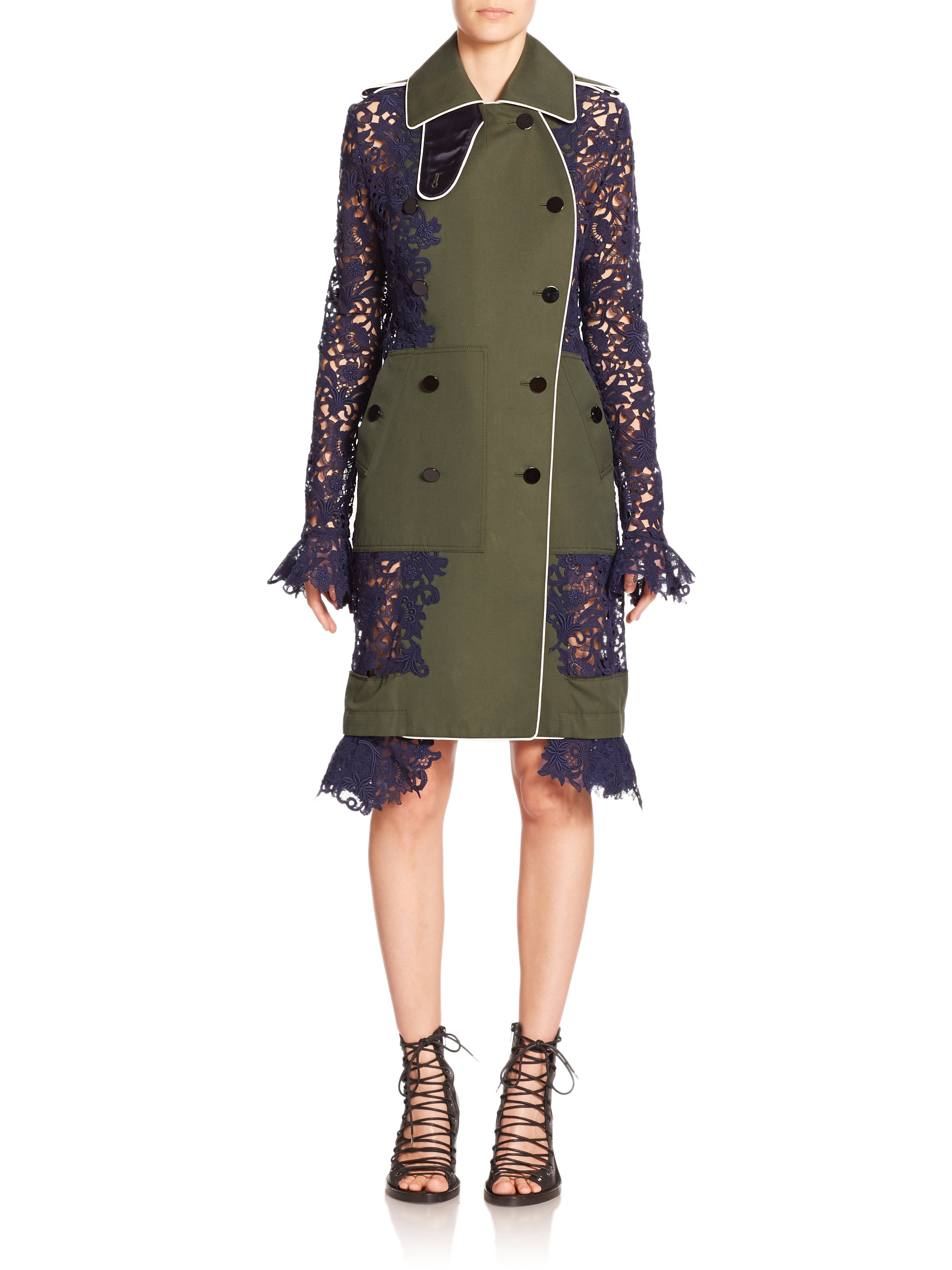 Sacai Cotton & Lace Trenchcoat in Blue (KHAKI-NAVY) | Lyst