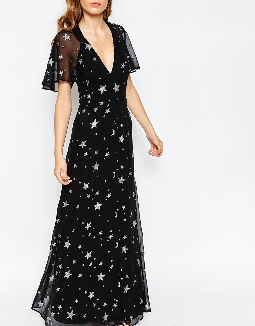 Lyst - Asos Glitter Star Flutter Sleeve Maxi Dress in Black