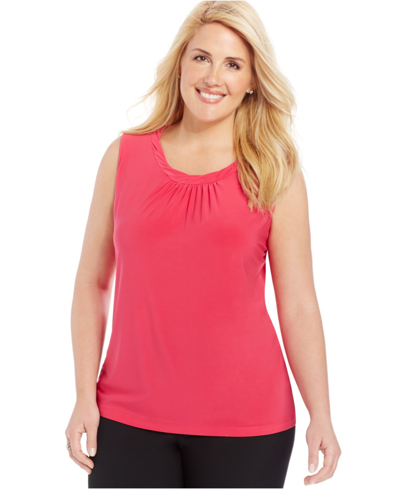 Tahari Plus Size Sleeveless Pleat-neck Top in Pink | Lyst