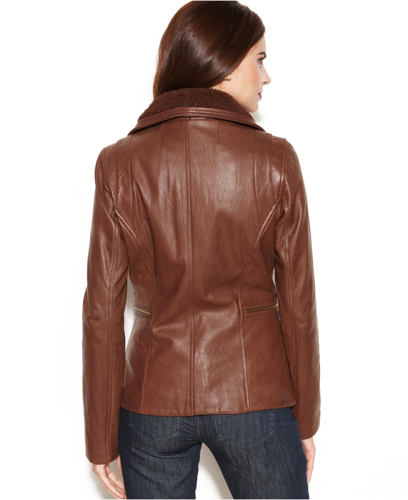 Lyst - Anne Klein Leather Faux-Fur-Collar Bomber Jacket in Brown