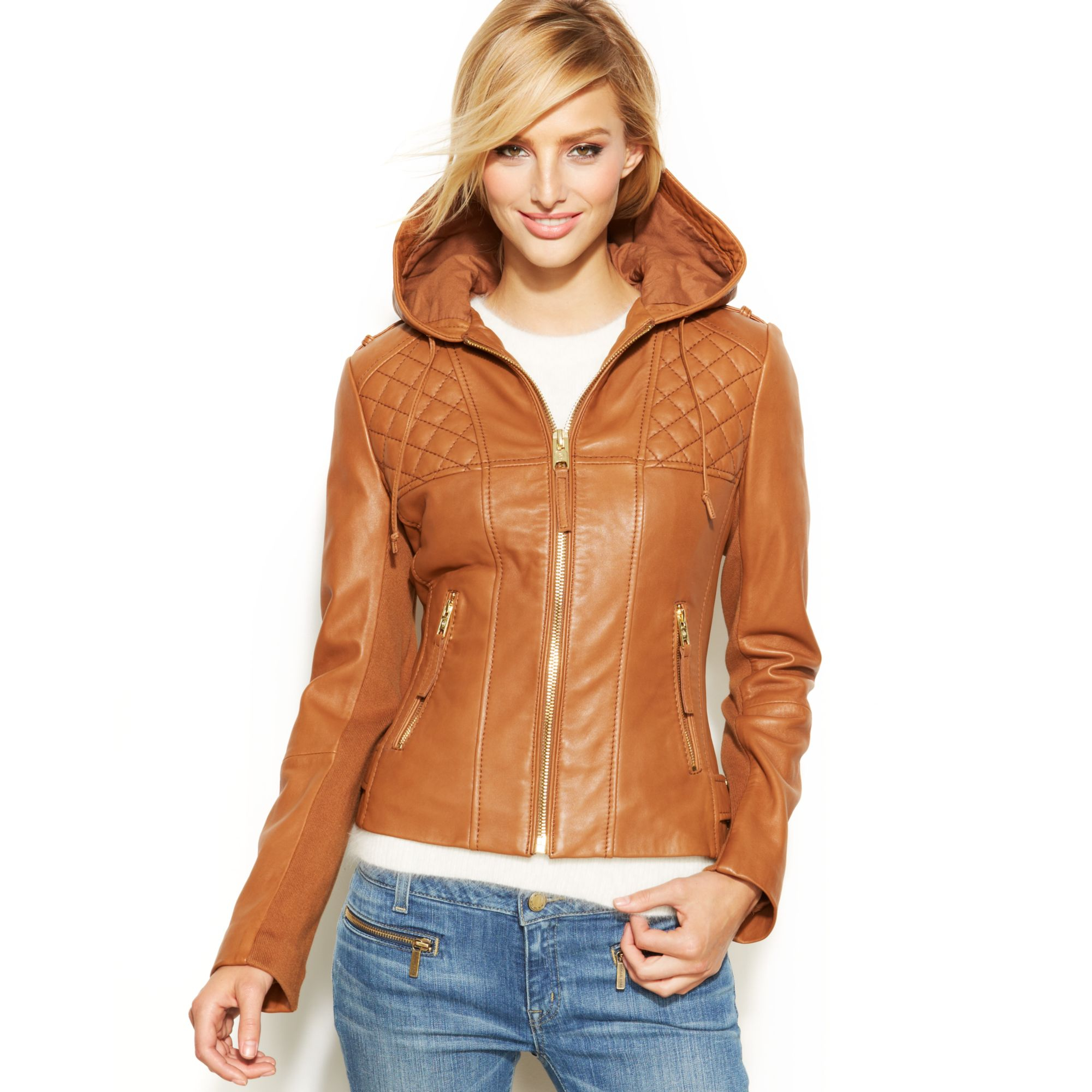 Michael kors Michael Petite Knit-Inset Hooded Leather Jacket in Brown ...
