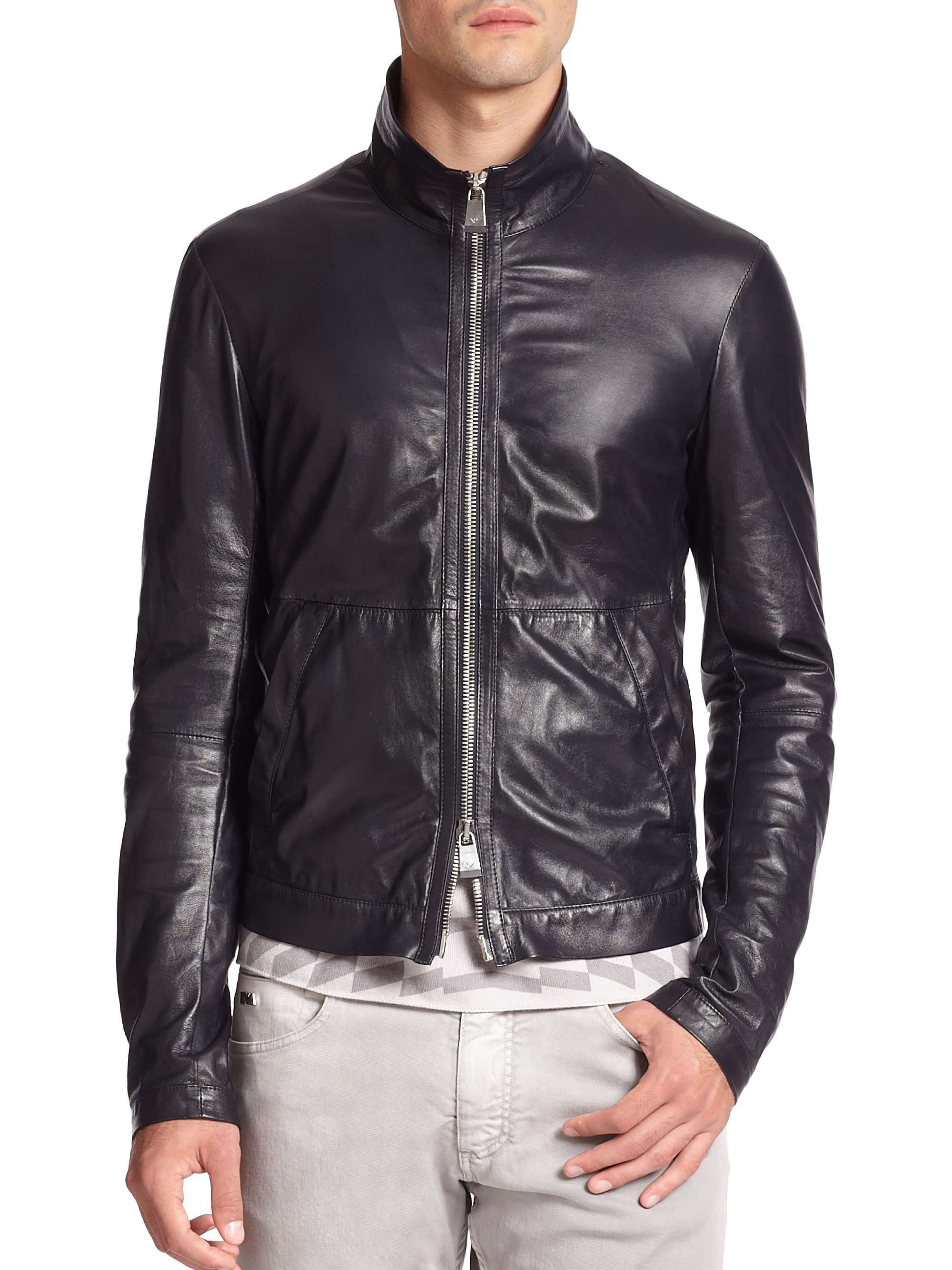 Emporio armani Leather Jacket in Blue (DARK-NAVY) | Lyst