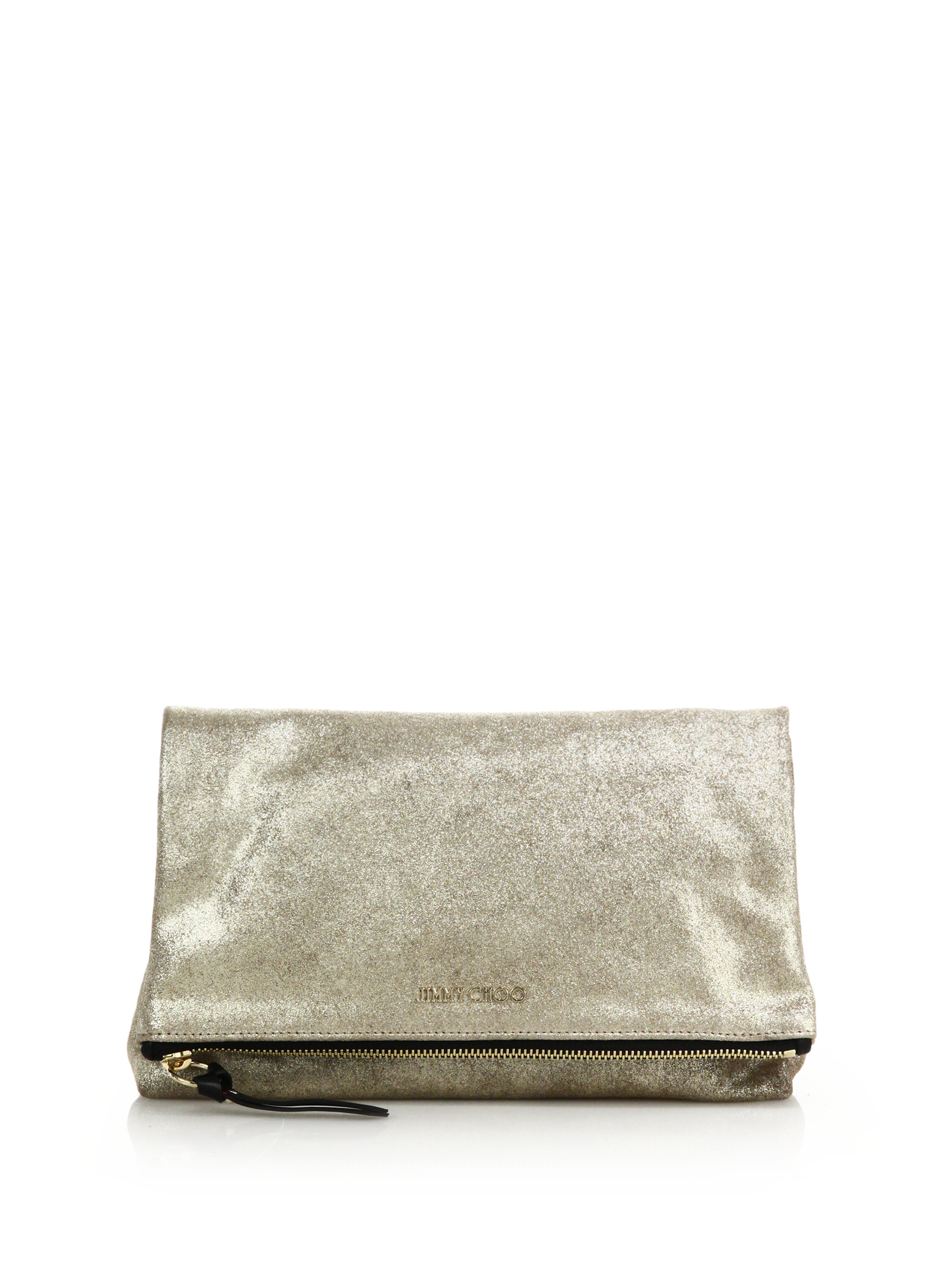 Jimmy choo Shimmer Suede Fold-over Clutch in Gray | Lyst