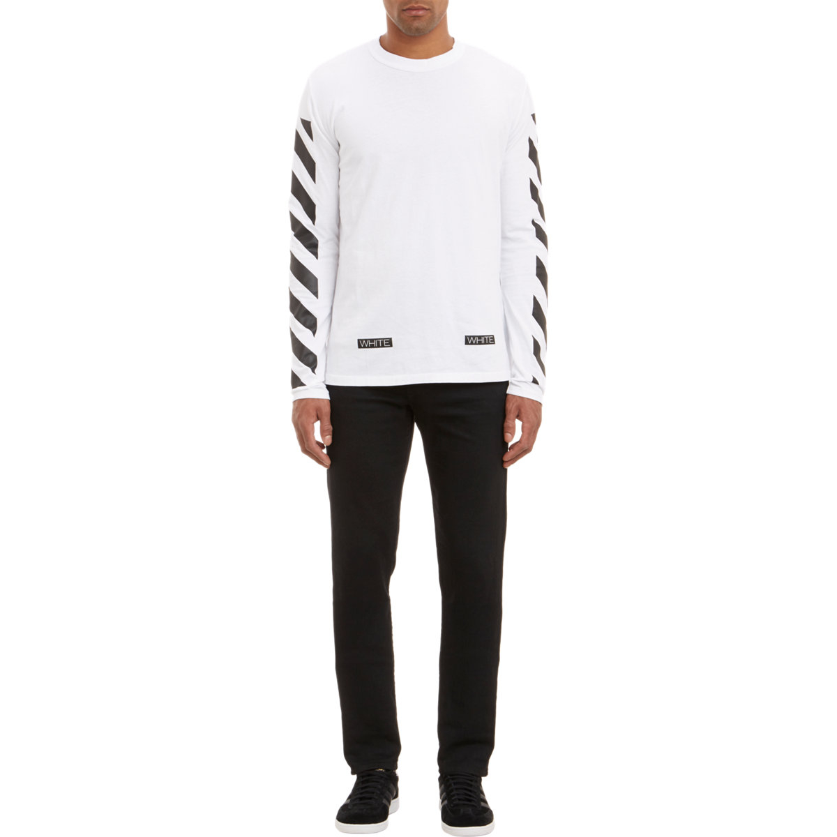 white c o virgil abloh diagonal stripe sleeve t shirt in white for lyst white c o virgil abloh diagonal stripe sleeve t shirt in white for lyst